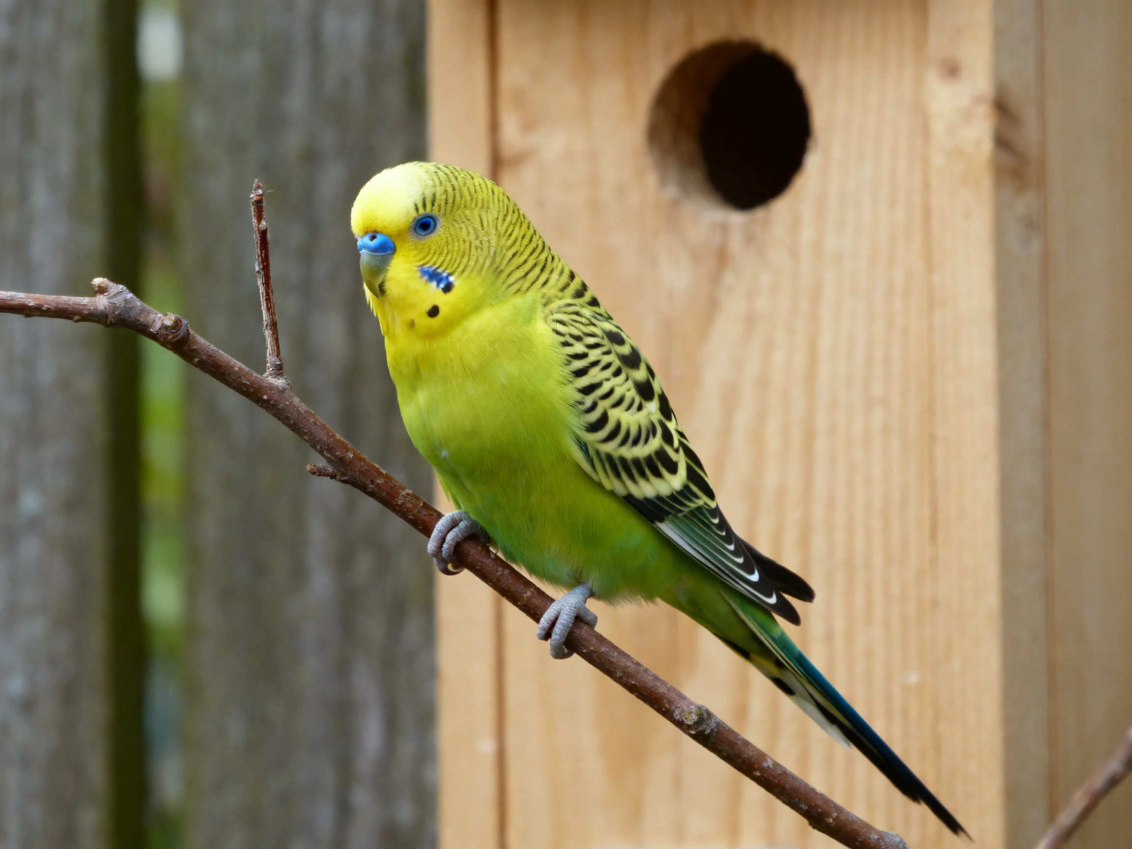 A yellow-headed green parakeet rests on a branch near a wooden birdhouse.
