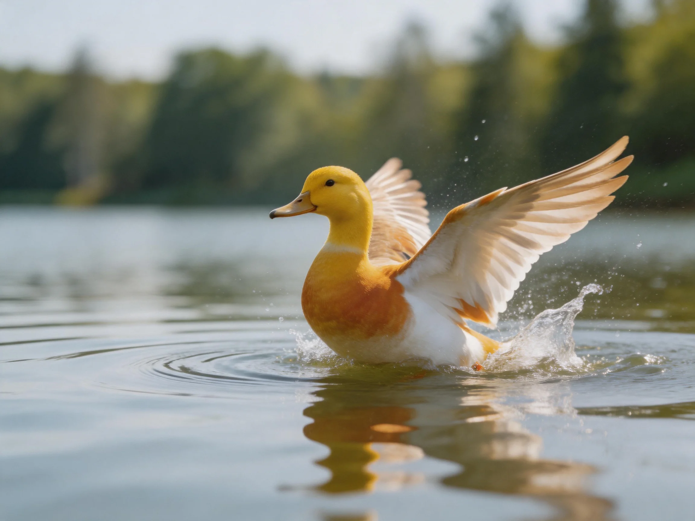 A yellow-orange duck flapping wings in rippling water
