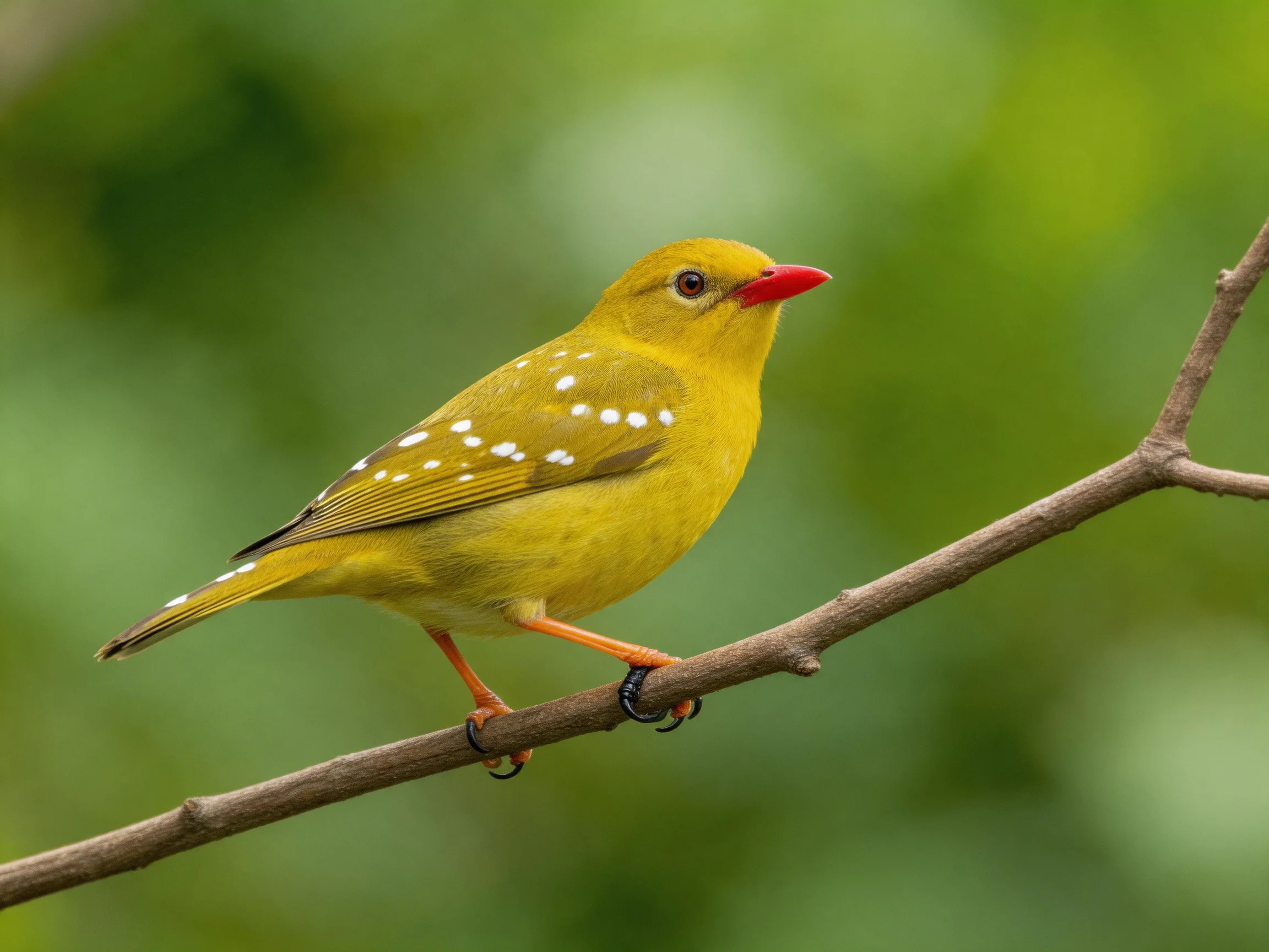 A yellow-spotted bird with red beak perched on a thin branch