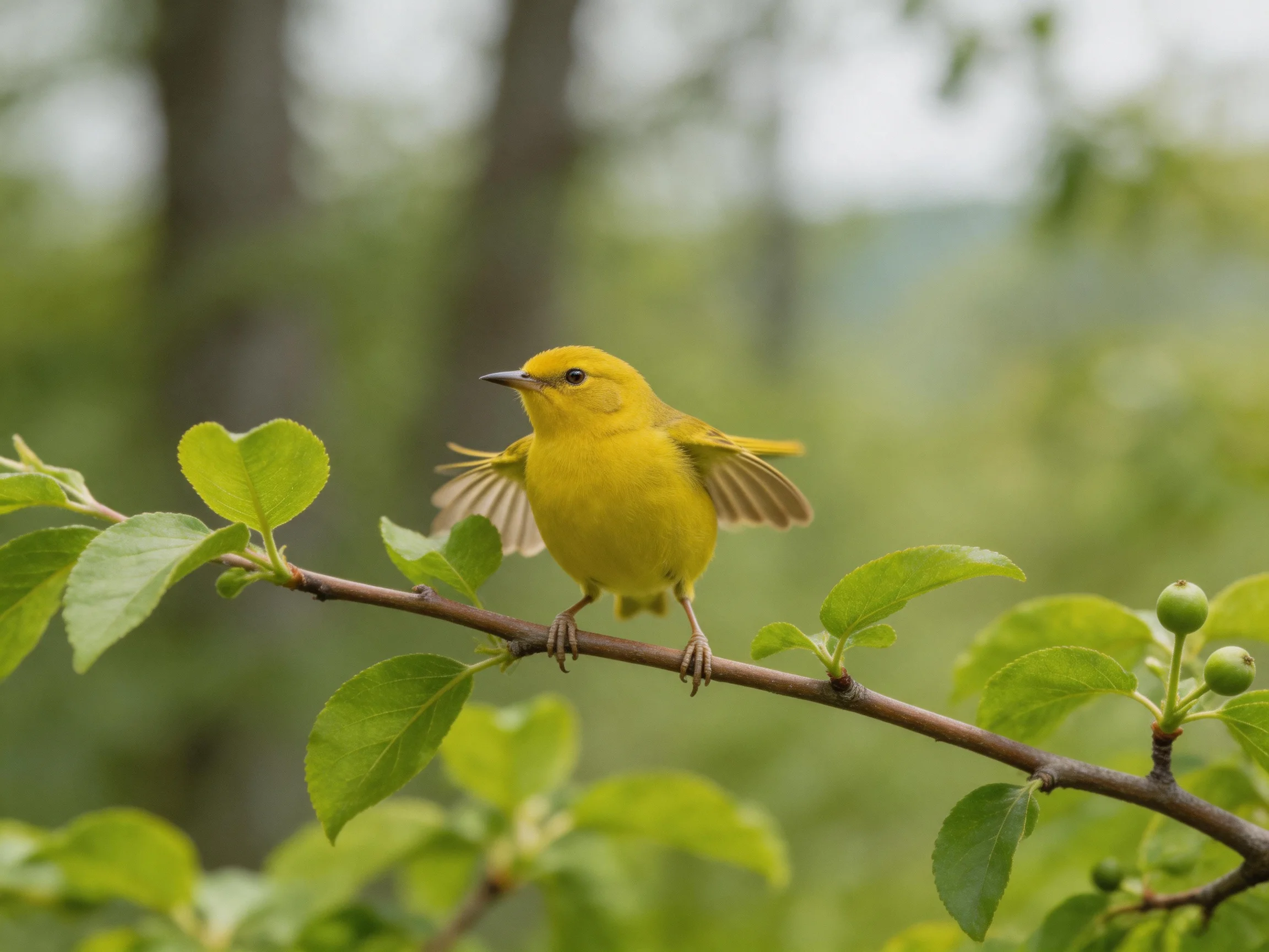 A yellow warbler spreading wings on a leafy branch