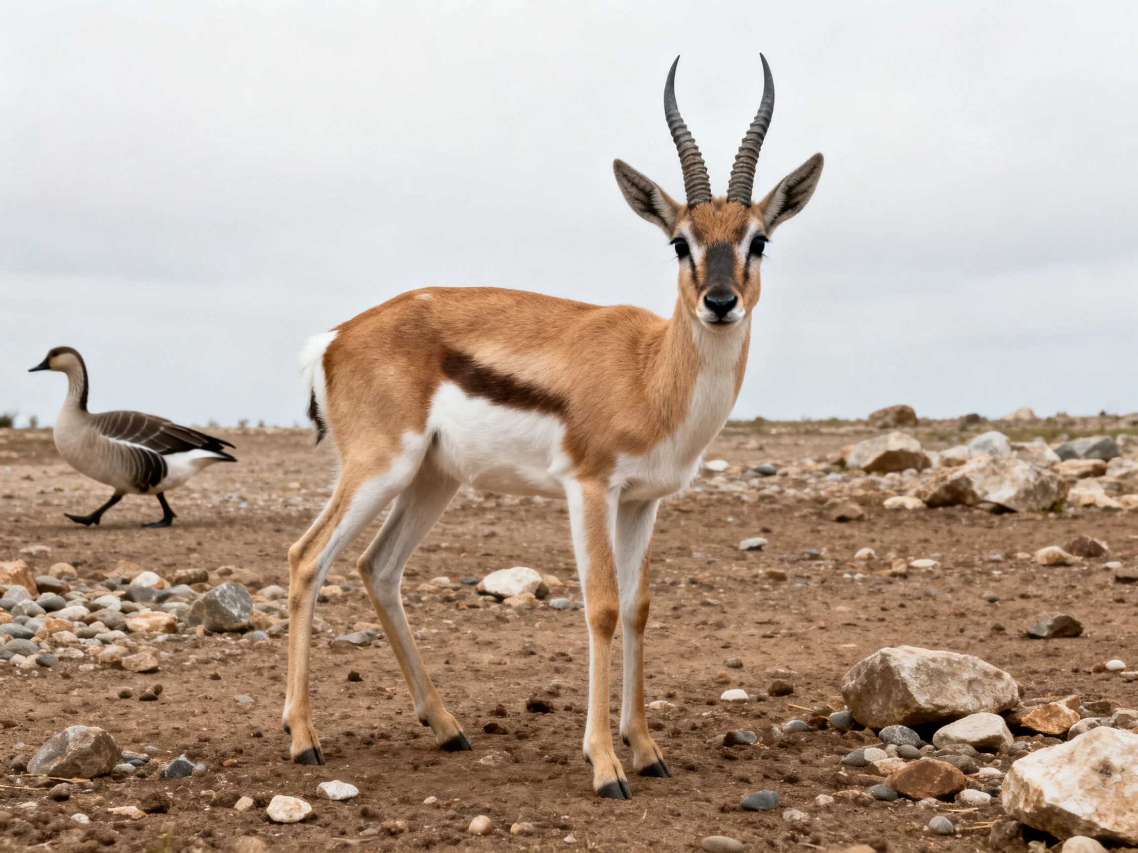 A young antelope with curved horns stands near a goose on rocky terrain