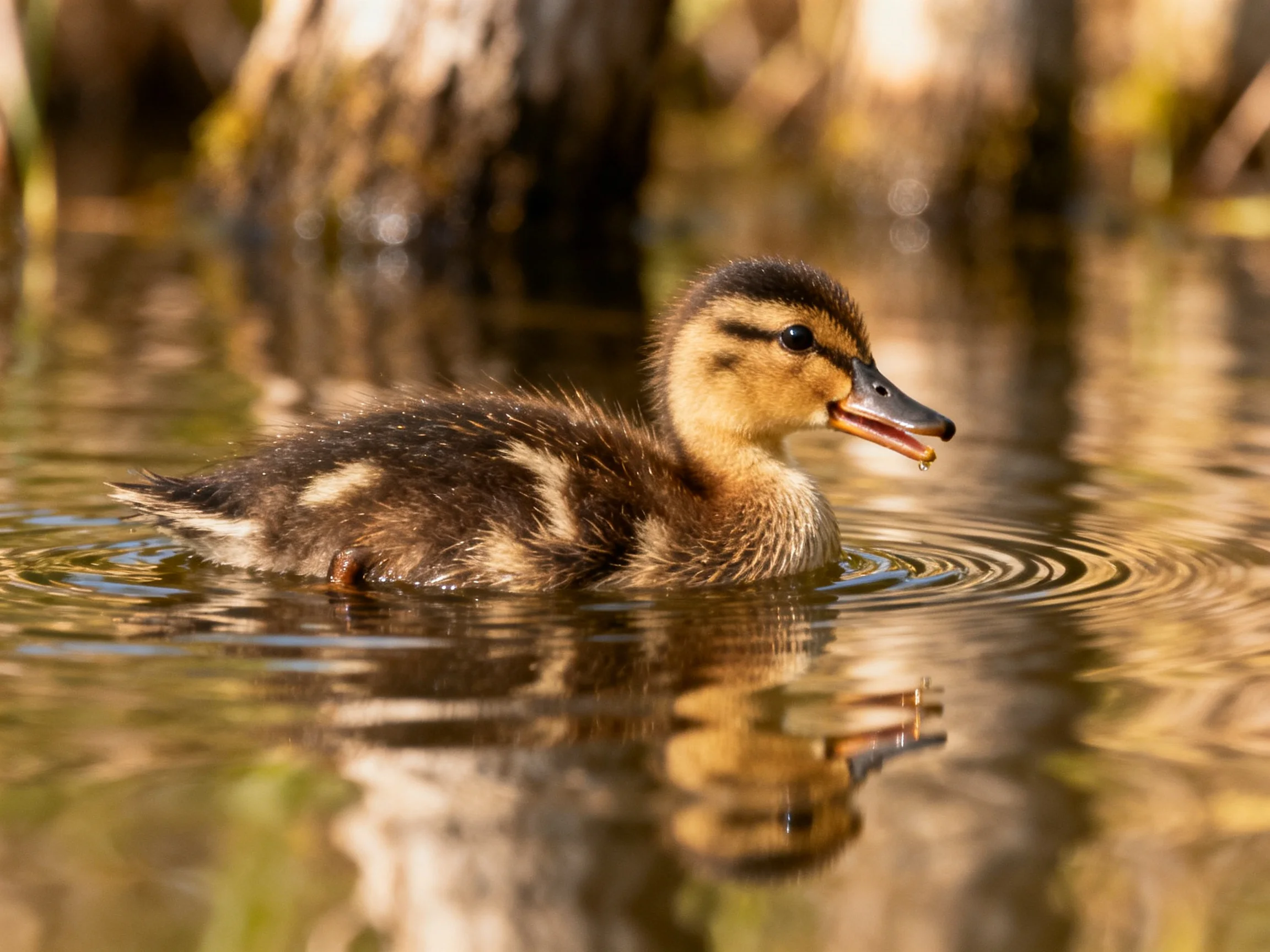 A young brown and tan duckling swims in calm water