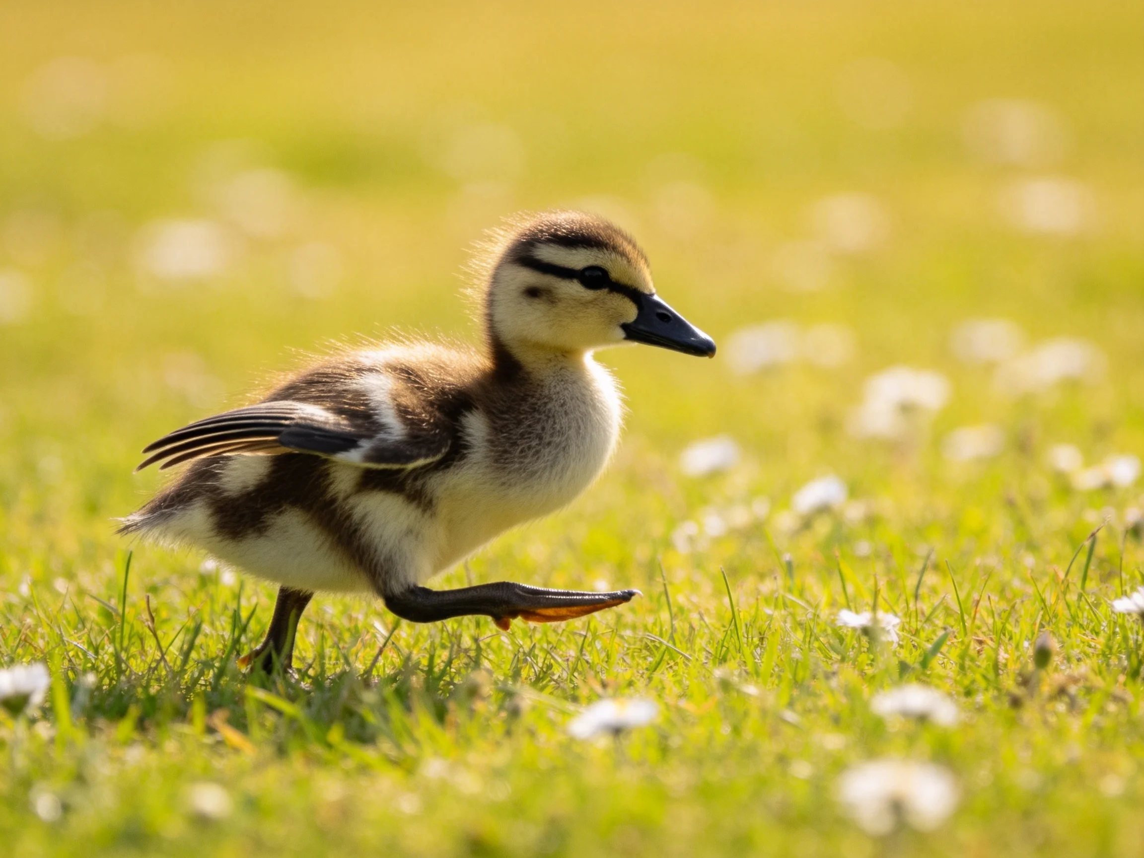 A young brown and white duckling running through a flowered grassy field