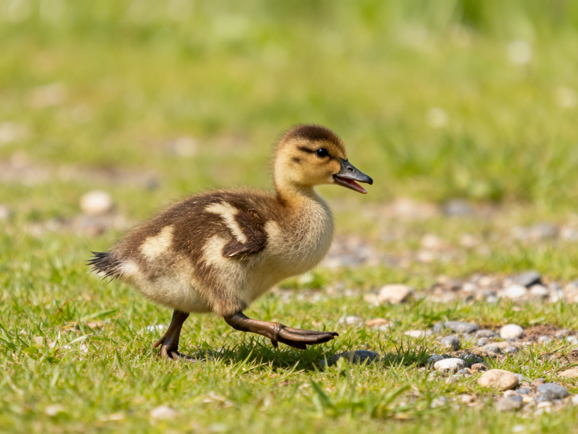 A young brown and yellow duckling walking on grass near pebbles