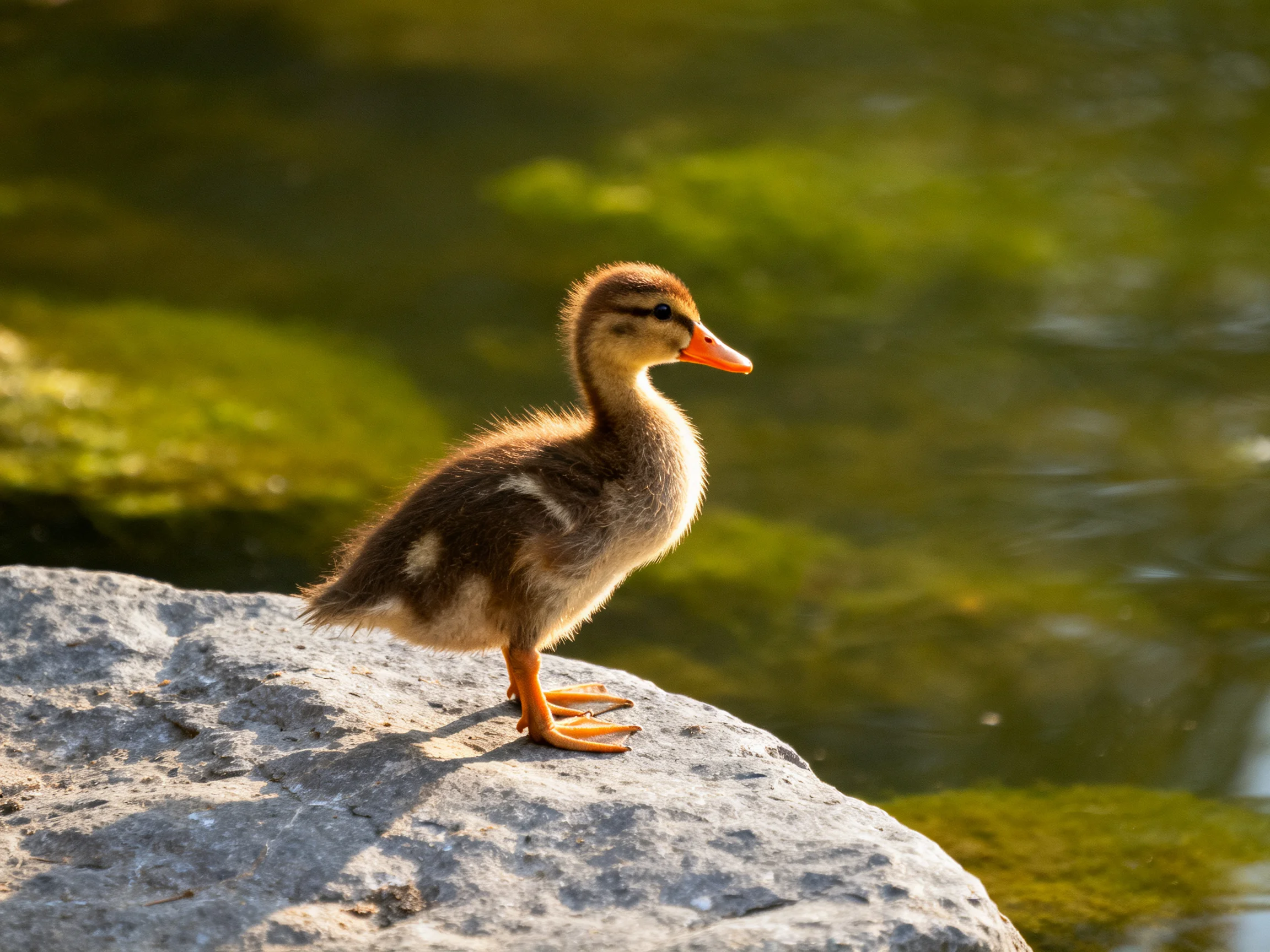 A young brown duckling perched on a gray rock by greenish water