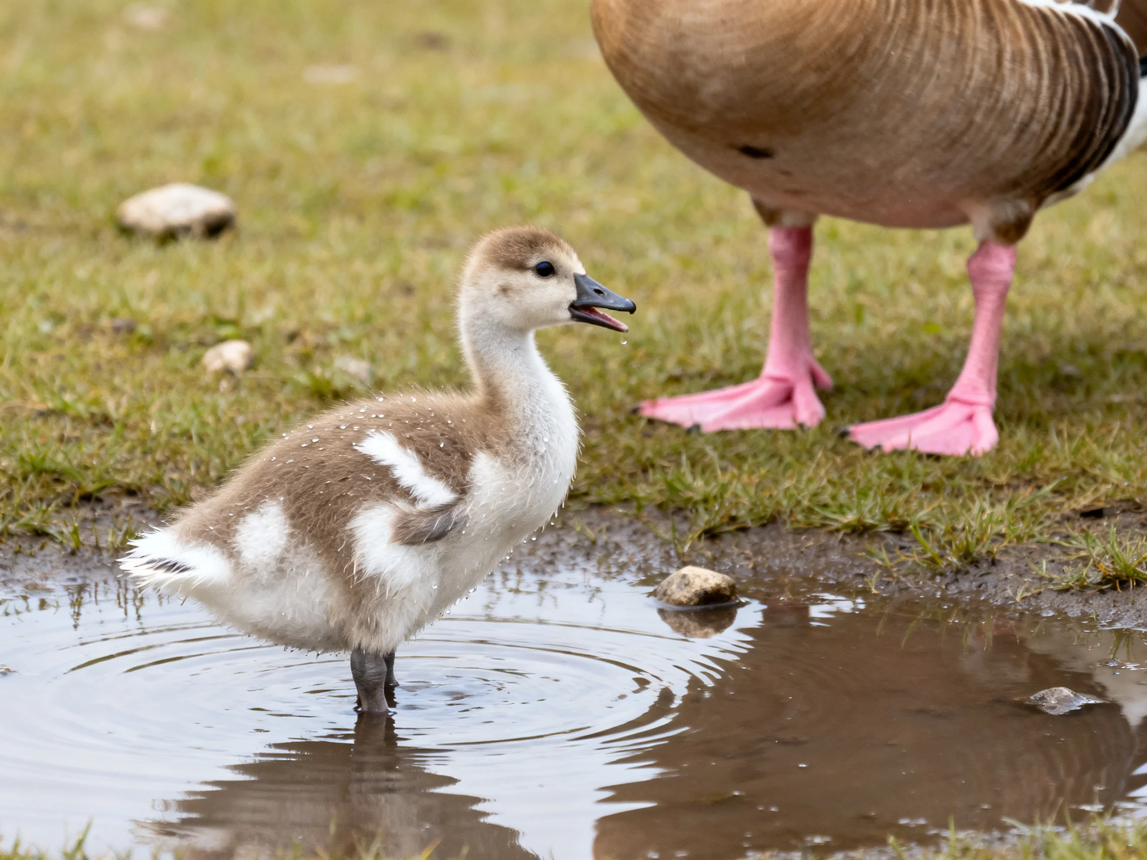 A young brown duckling stands in a puddle near an adult duck
