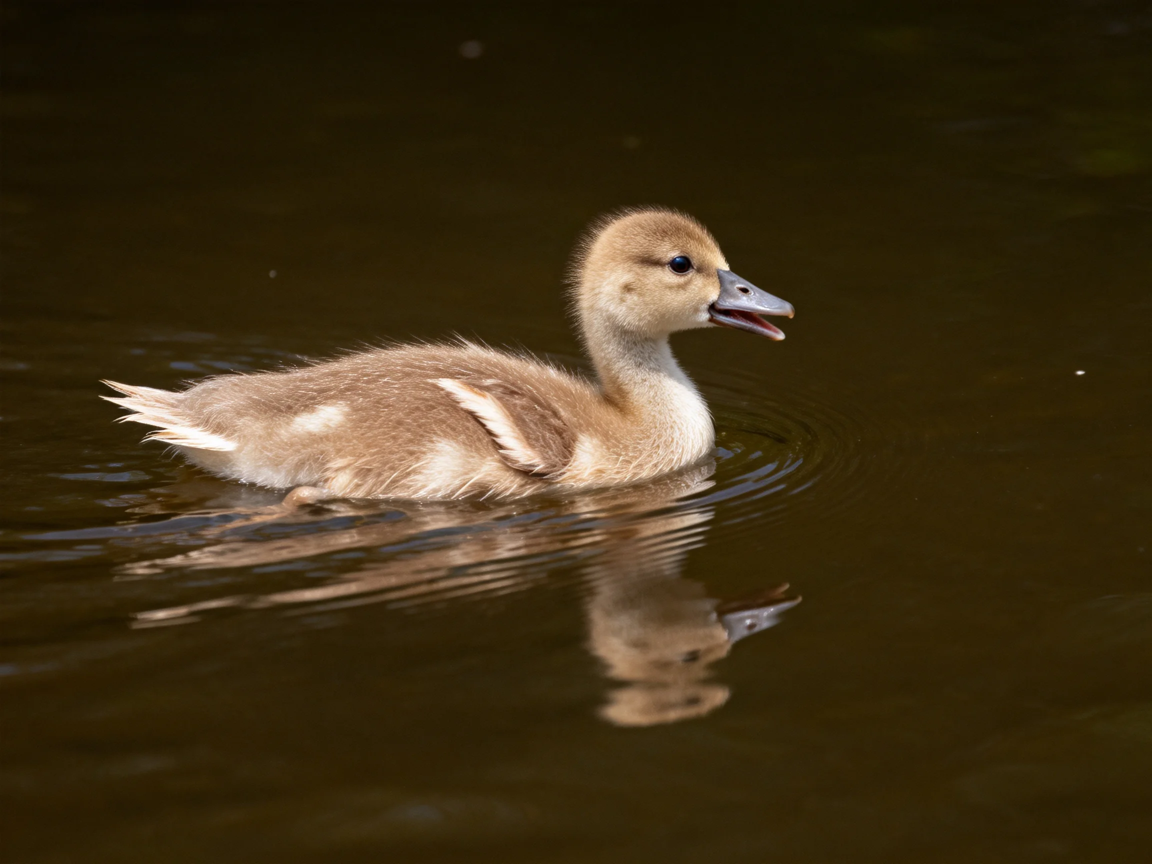 A young brown duckling swims in calm, dark water with a clear reflection