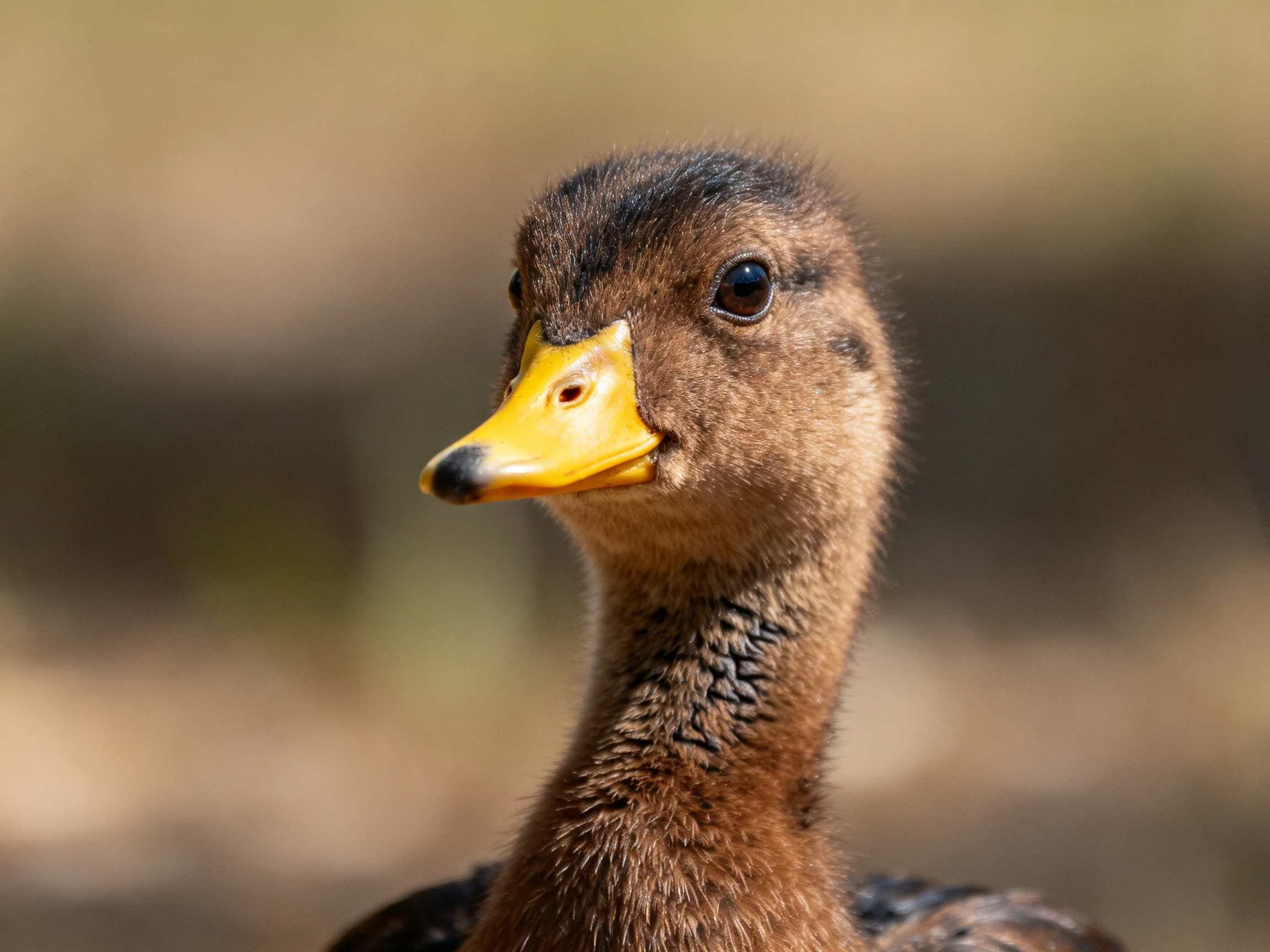 A young brown duckling with bright yellow beak
