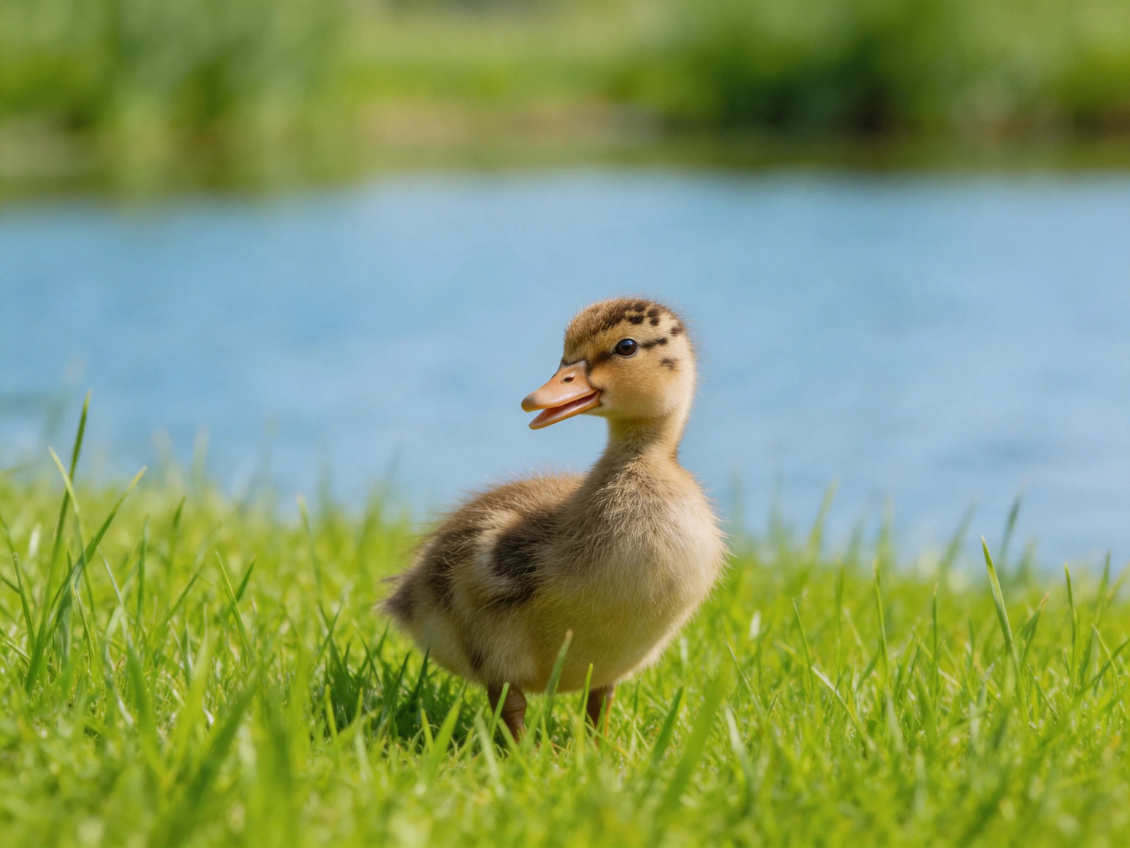 A young duckling stands in lush green grass by calm blue water