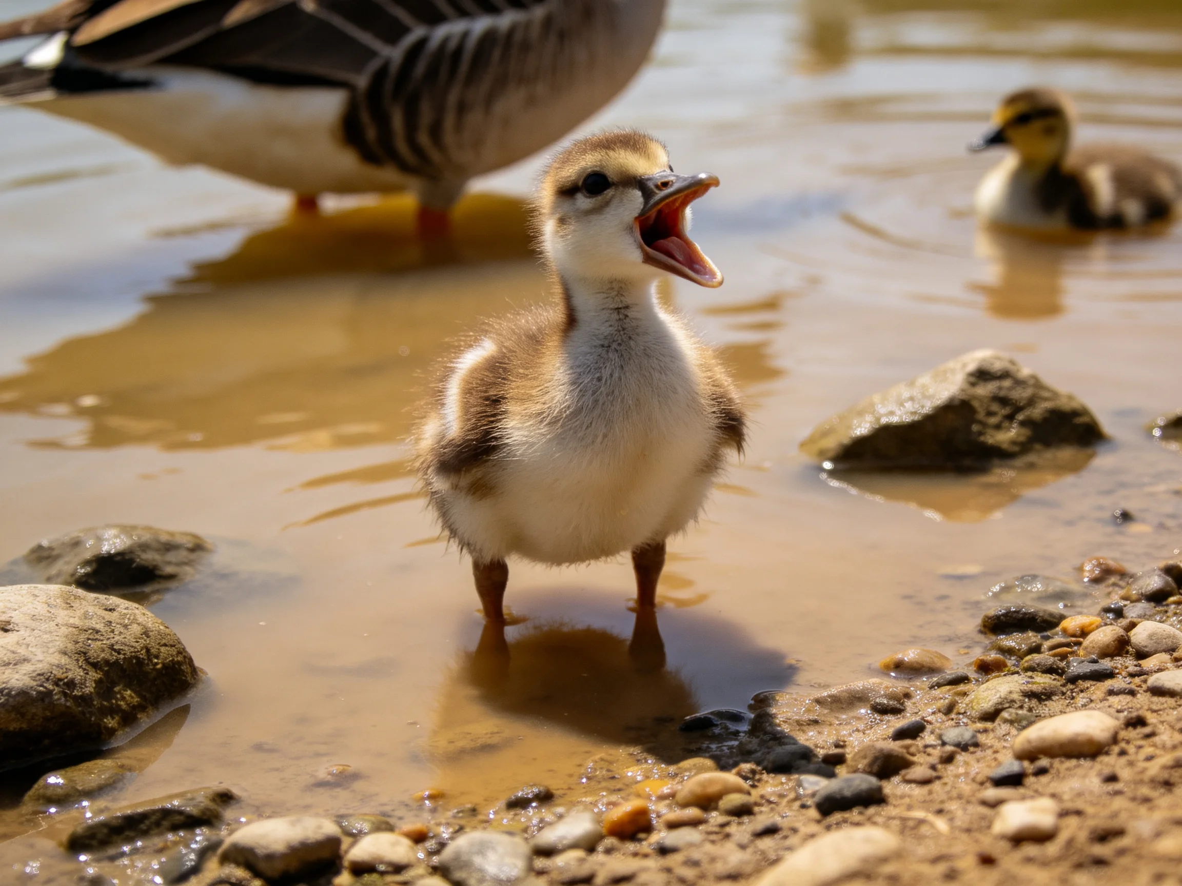 A young duckling stands in shallow water with two others nearby