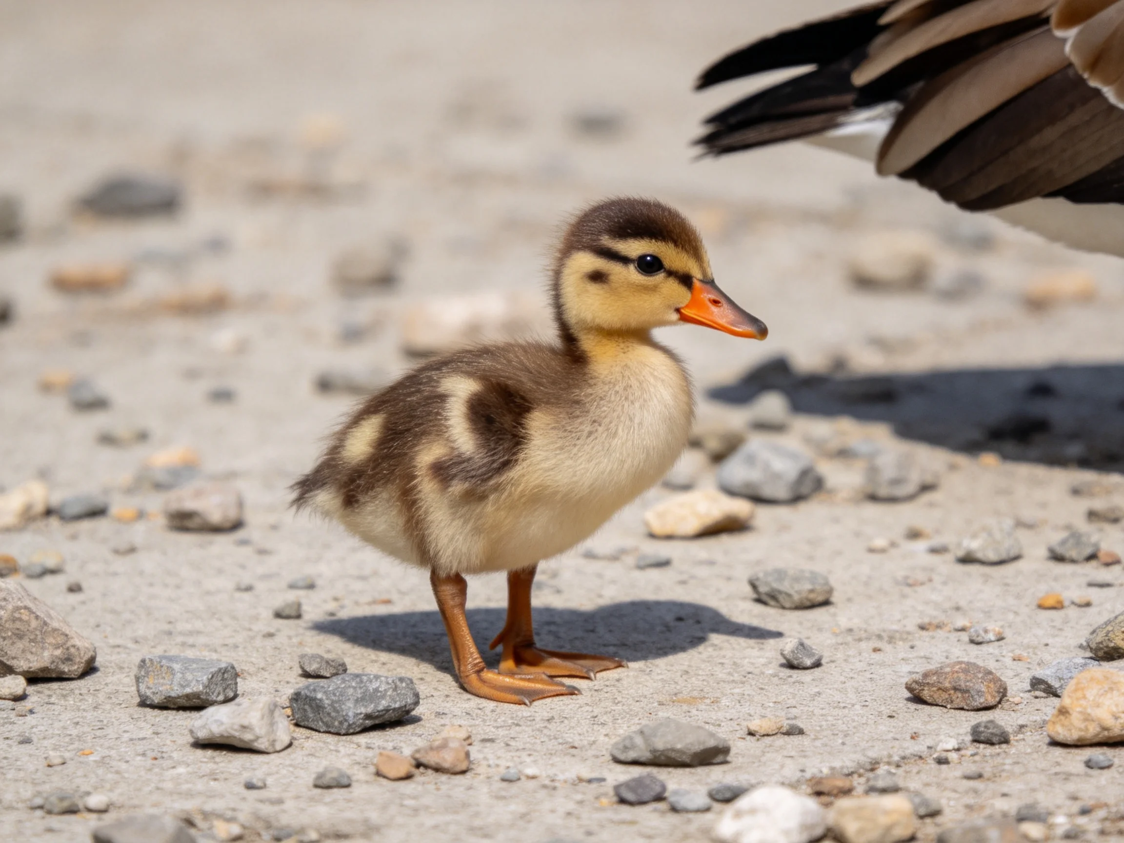 A young duckling stands on rocky terrain near an adult ducks wing