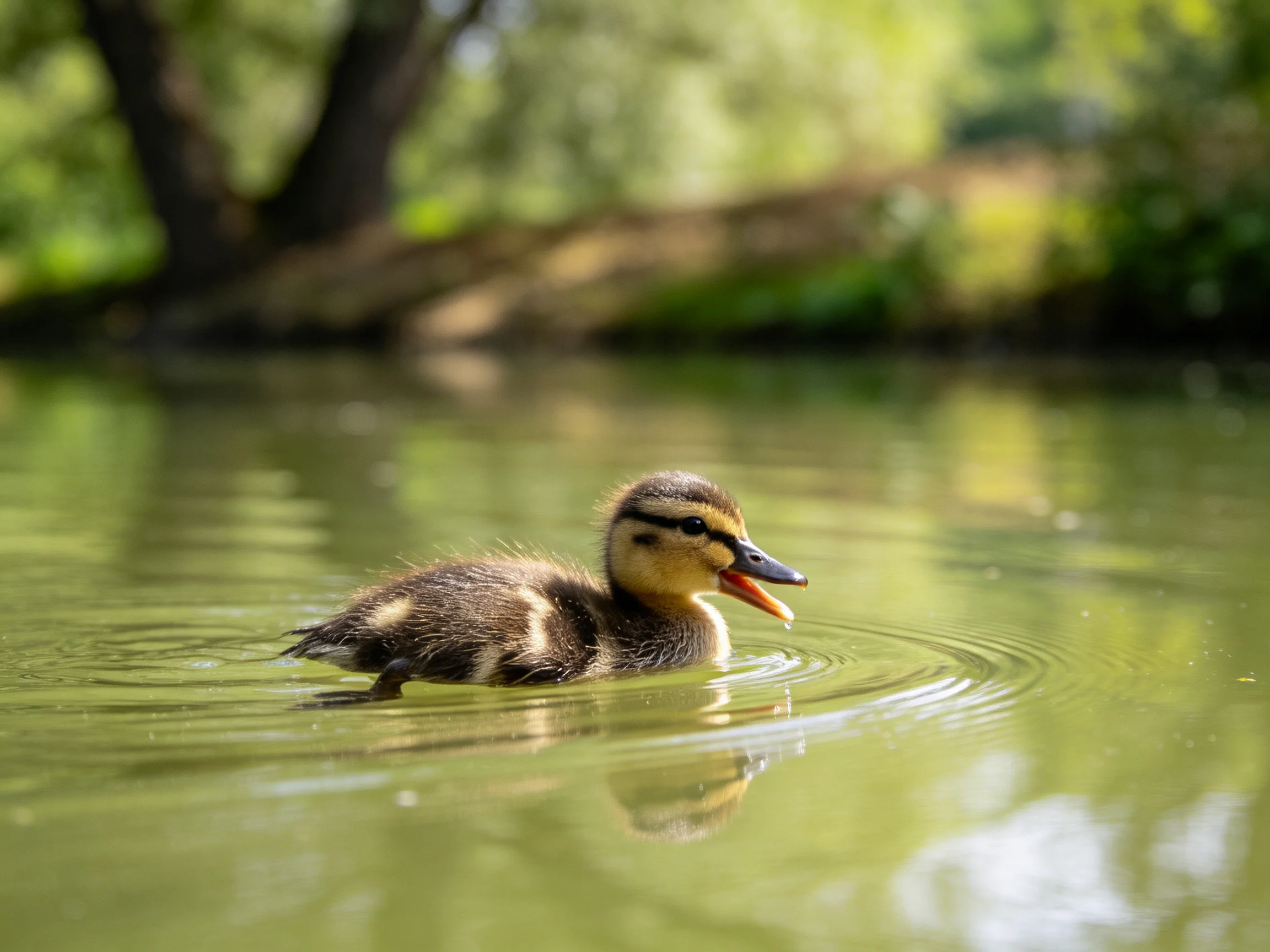 A young duckling swims in calm green water near leafy trees