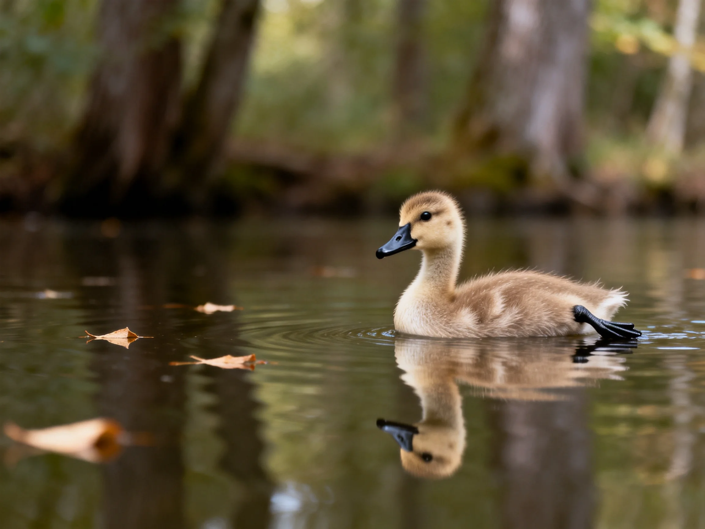 A young duckling swims in calm water near trees