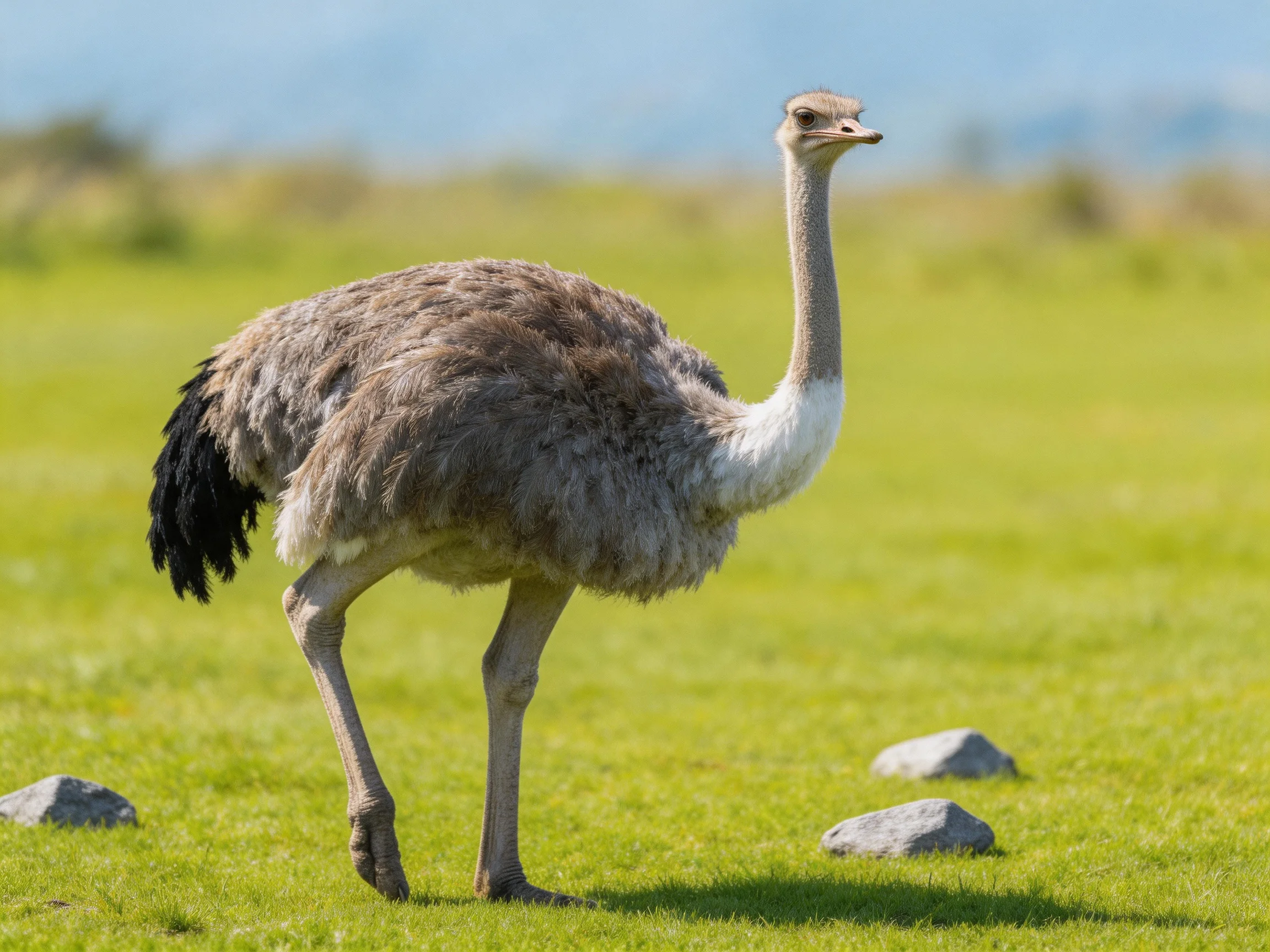 A young ostrich stands on a grassy field with scattered rocks.
