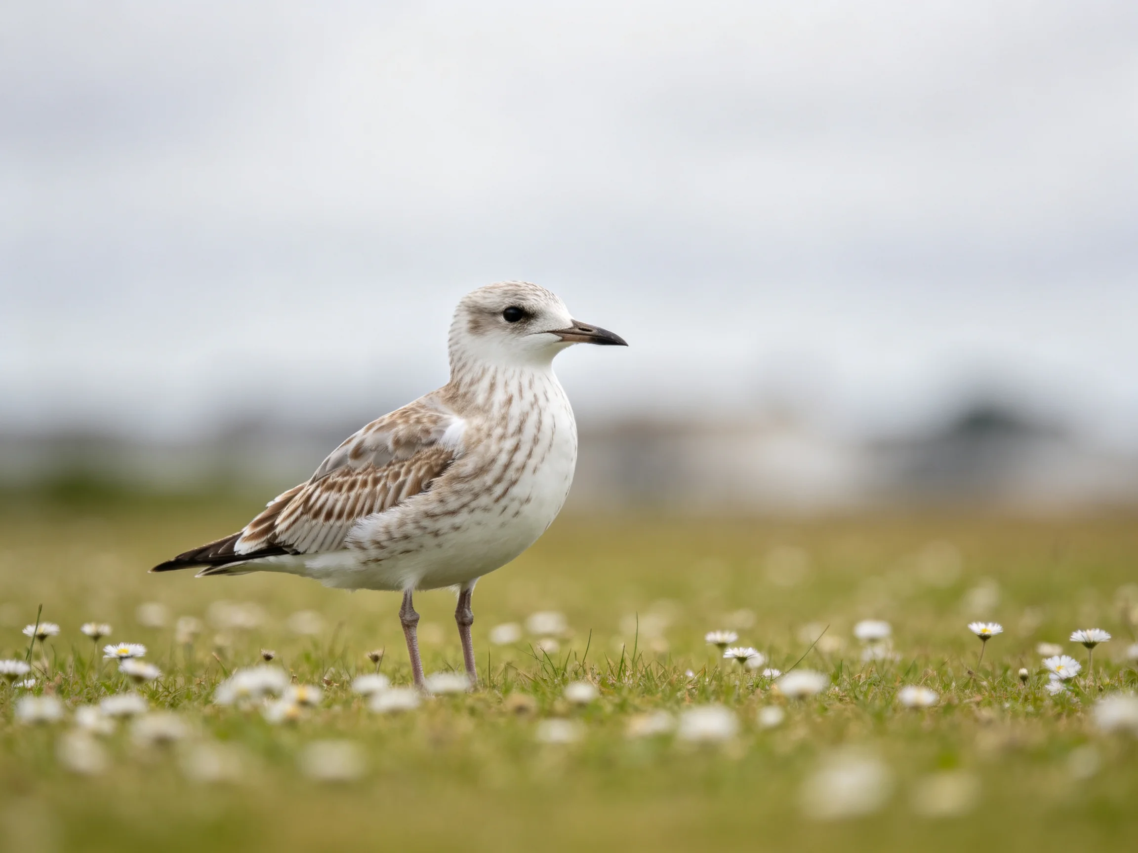 A young seagull stands on a flower-dotted grassy field