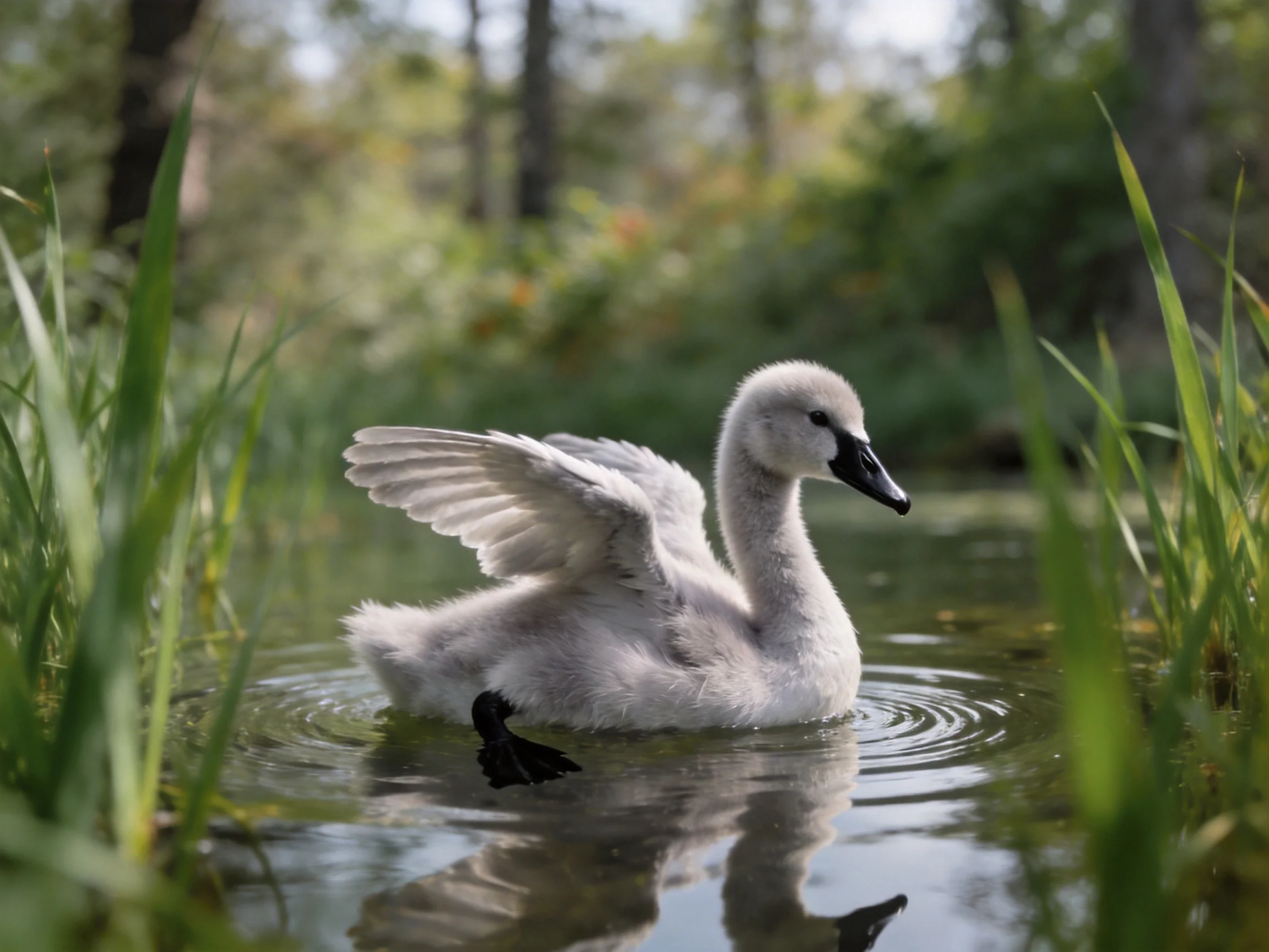 A young swan cygnet swims amid tall green reeds in a calm waterway