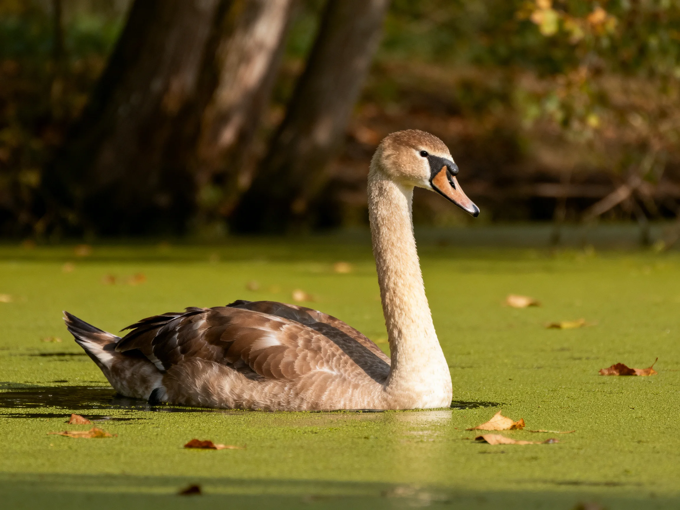 A young swan glides through green algae - covered water near tree trunks