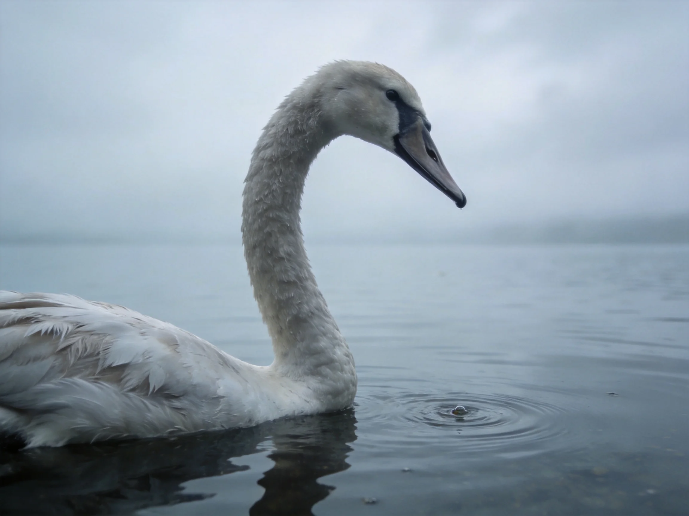 A young swan glides through misty, calm lake waters