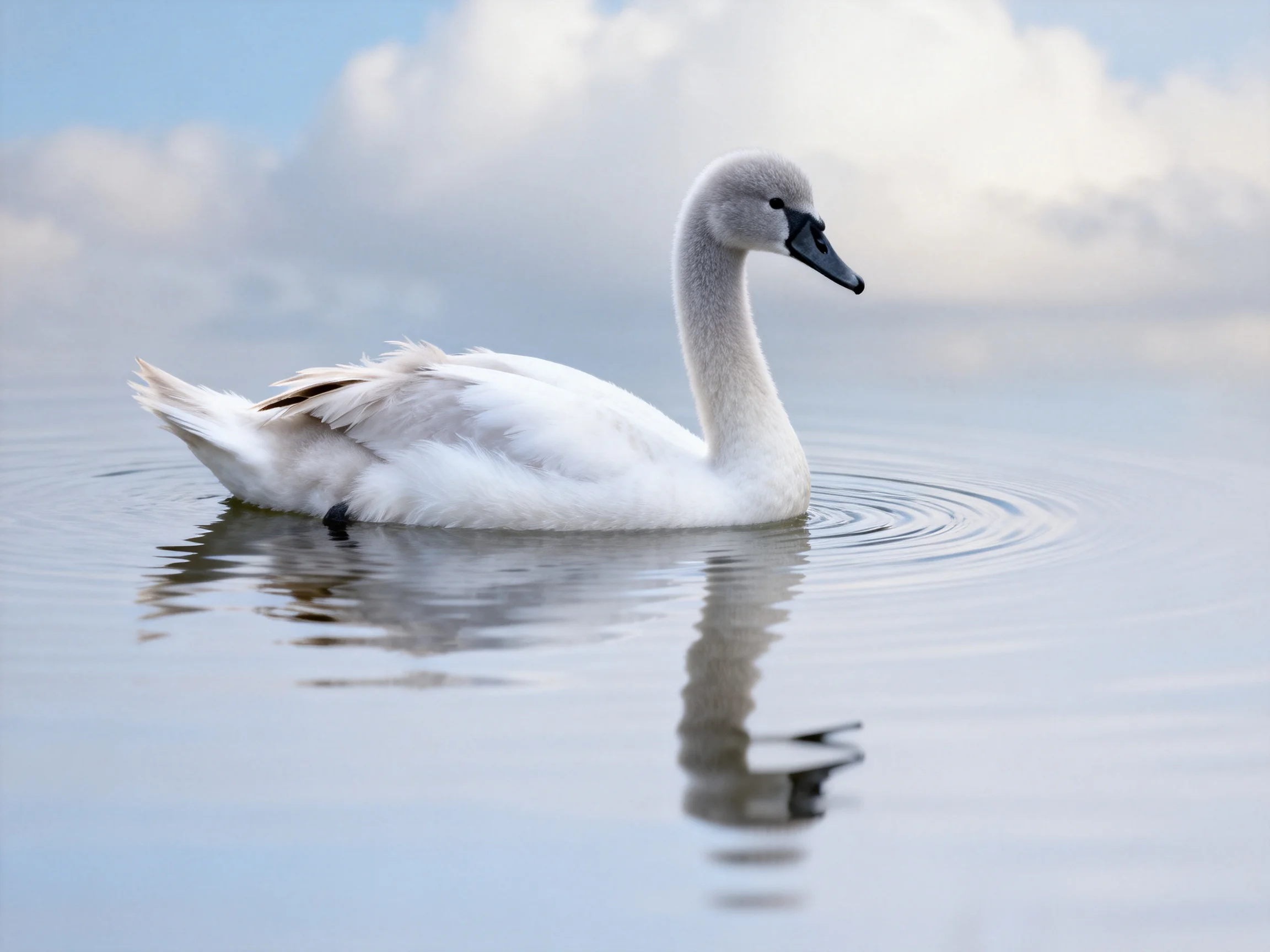 A young swan gliding on serene, reflective water under soft clouds