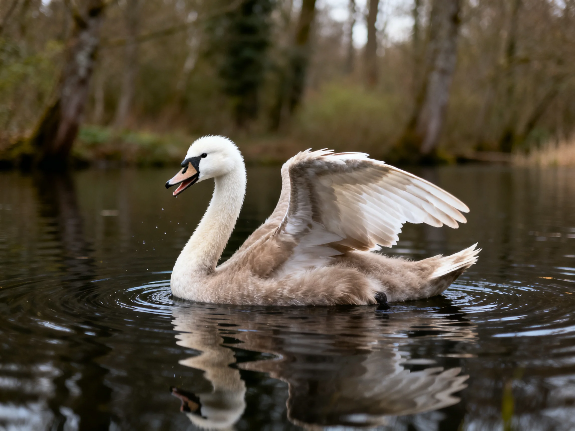 A young swan spreads wings in calm brown waters