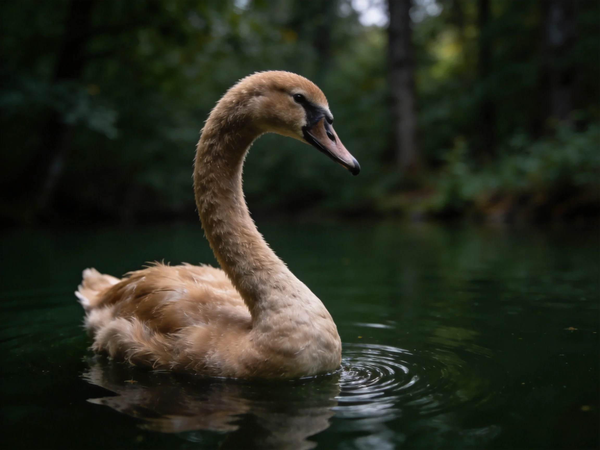 A young swan with soft brown feathers glides on dark water near greenery