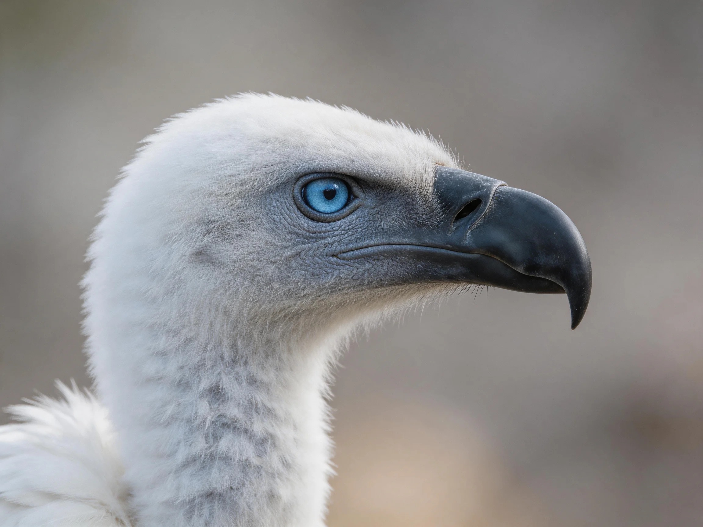 A close - up view of a young vulture highlighting its blue eye and white plumage.