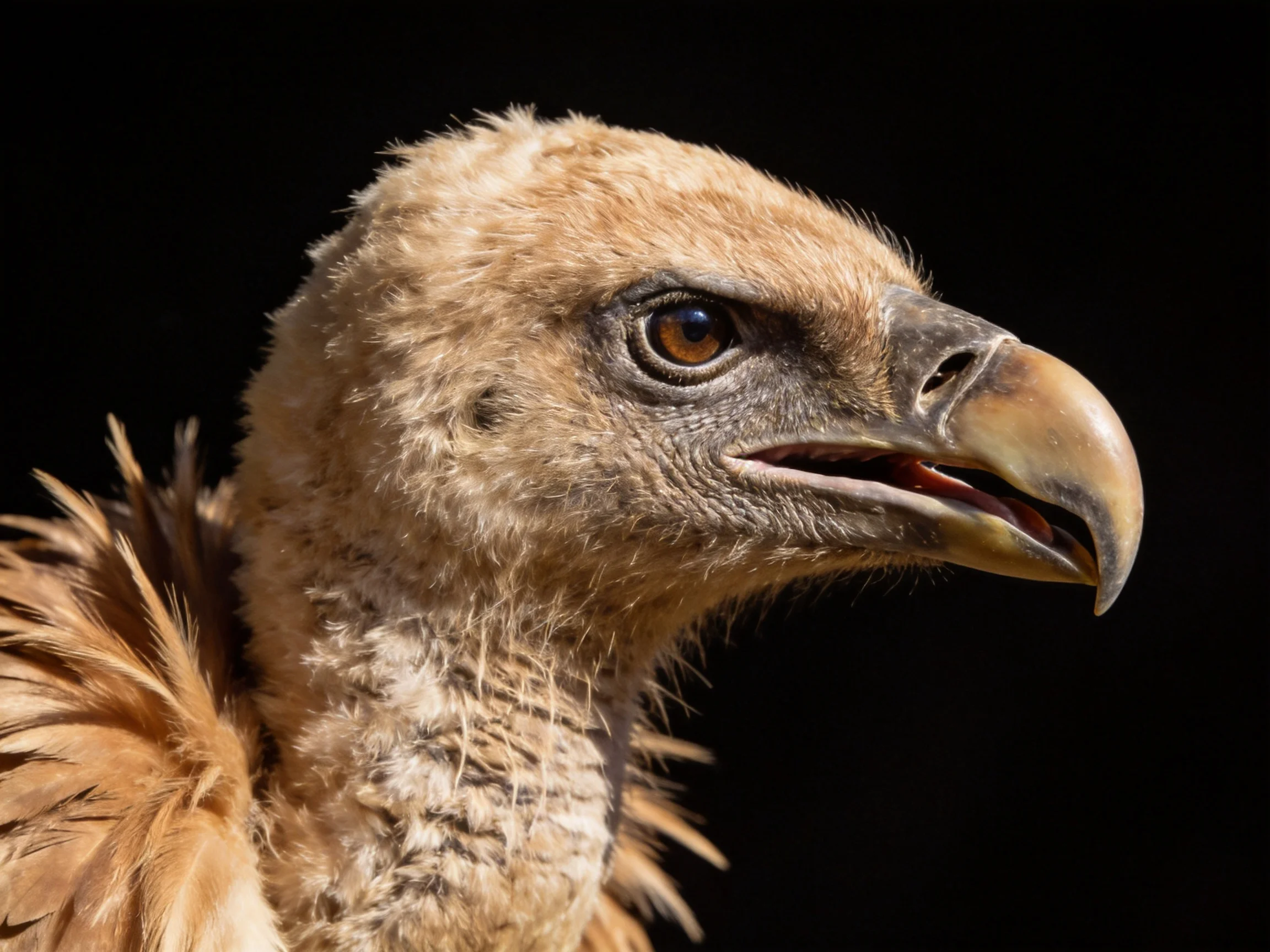 A young vulture with tan downy feathers and hooked beak
