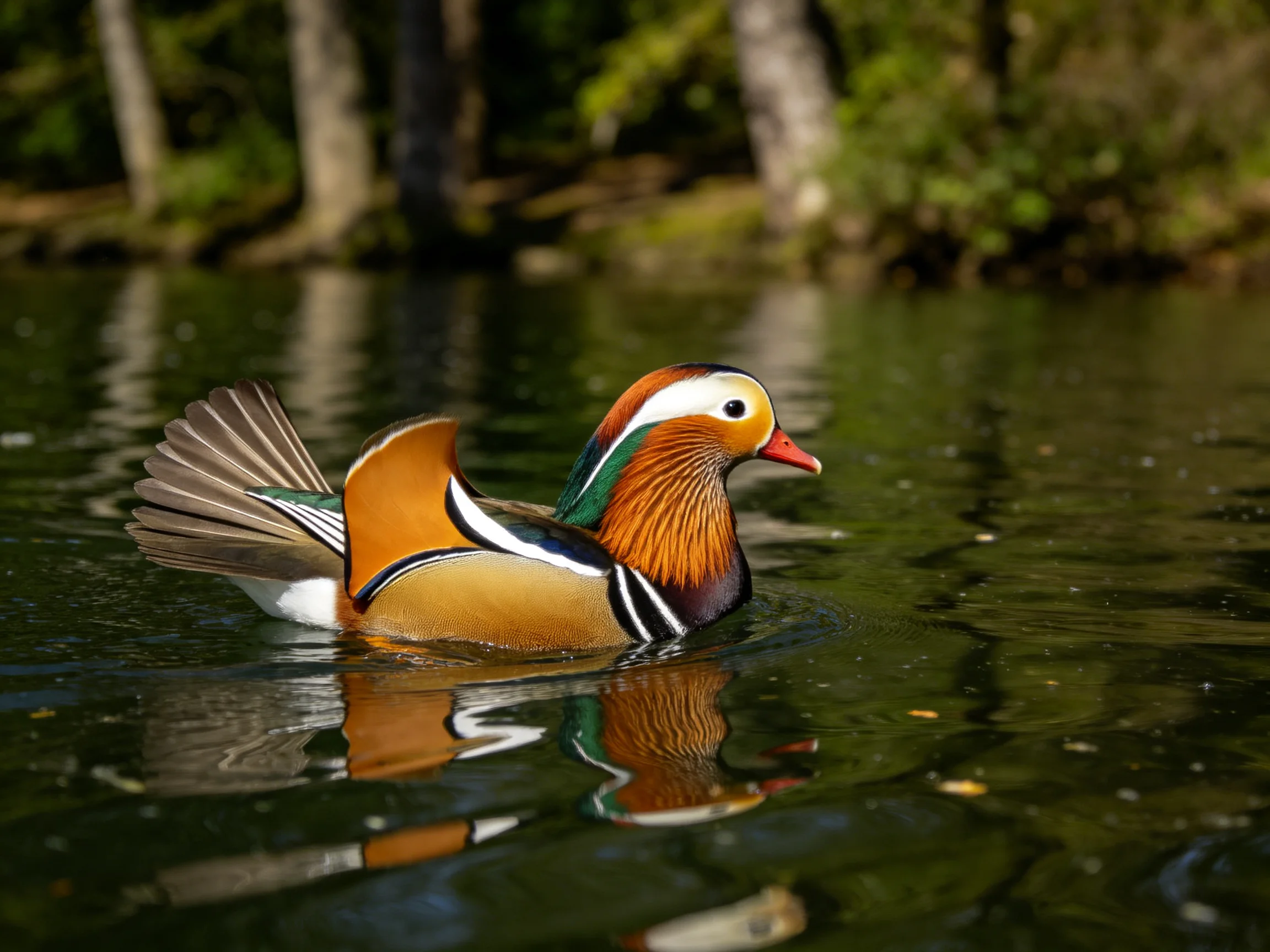 Aant mandarin duck swimming in calm waters