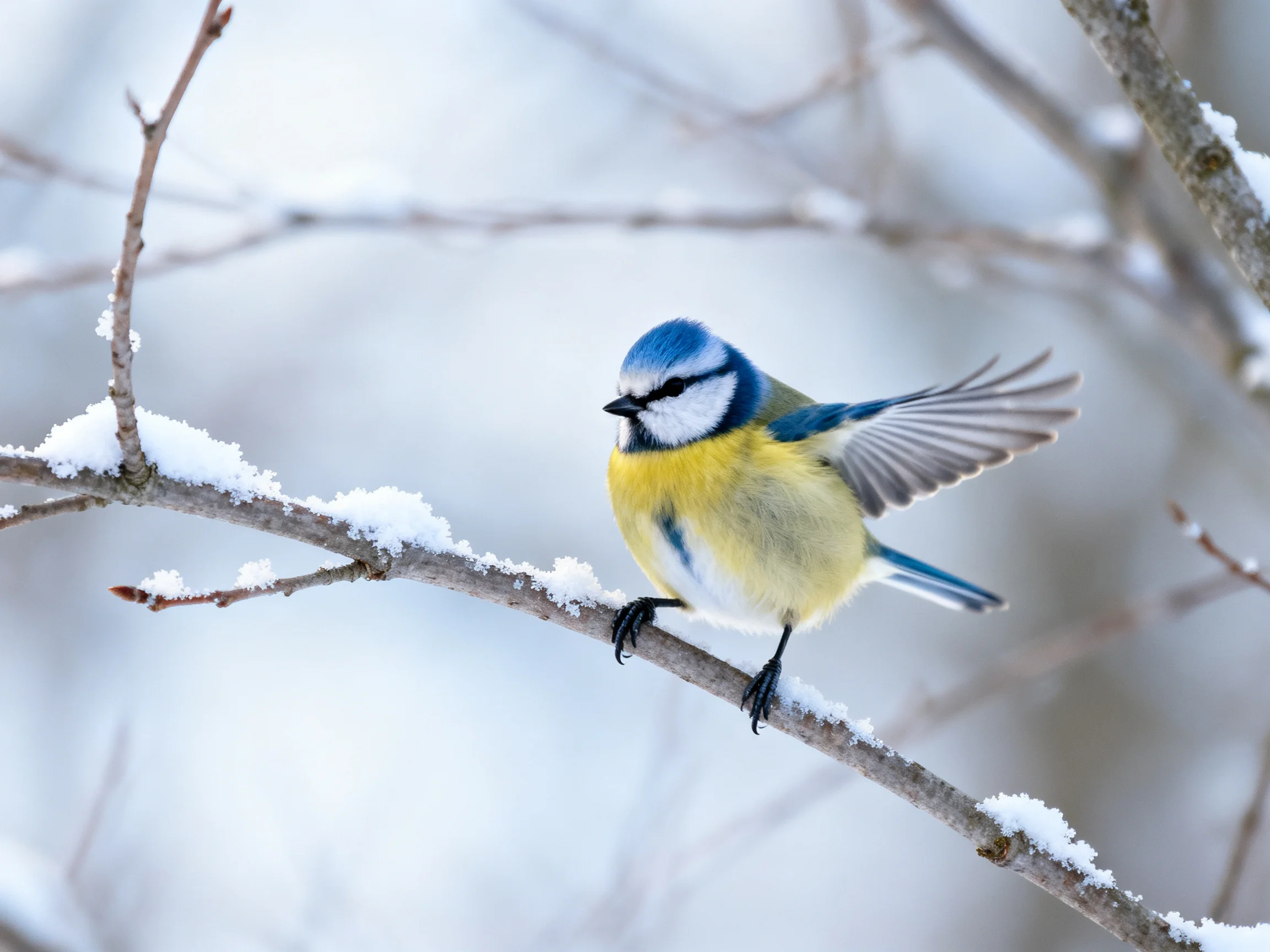 Ablue and yellow bird perches on a snow-dusted branch