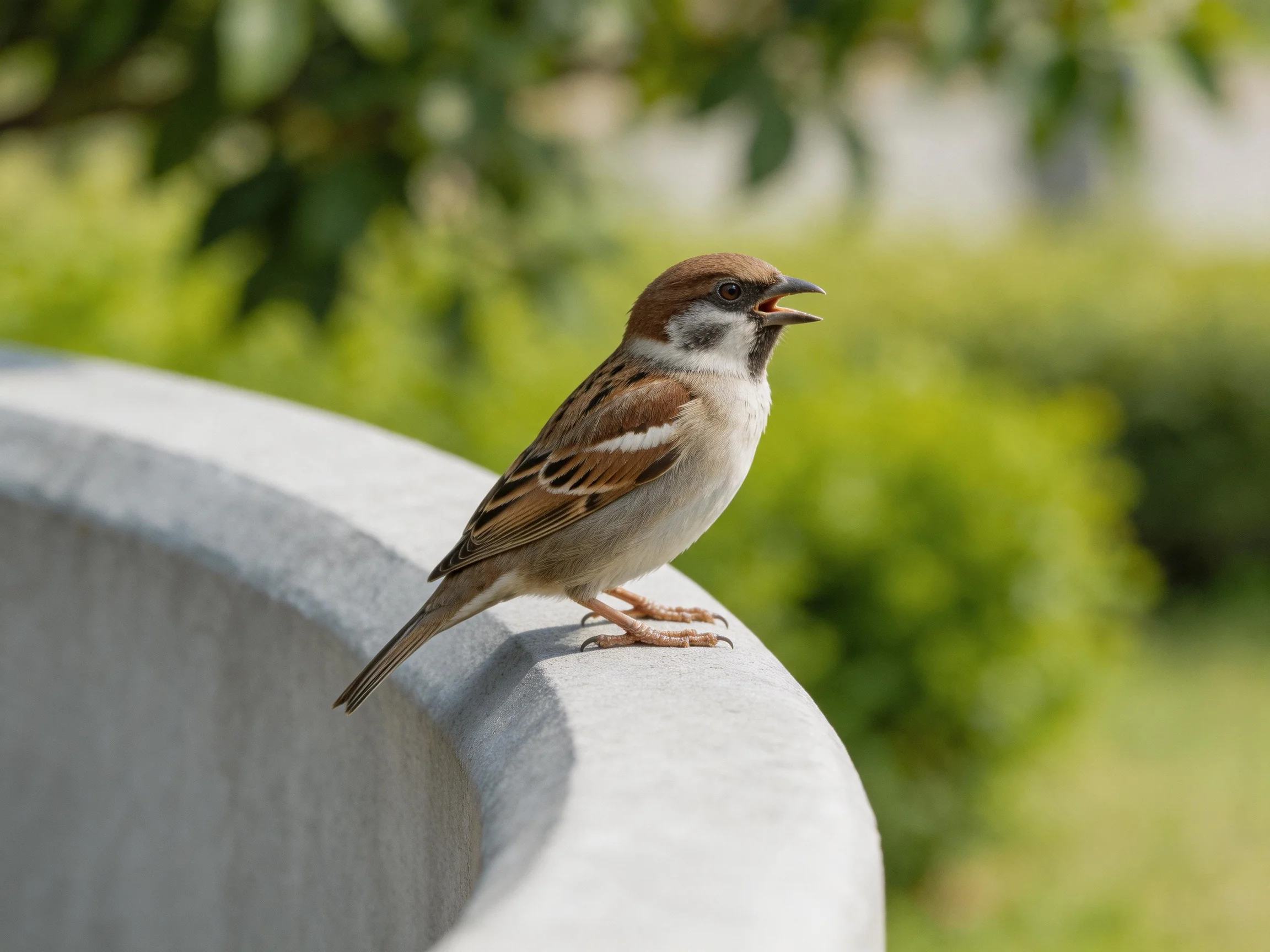 Abrown and white sparrow perches on a smooth concrete ledge