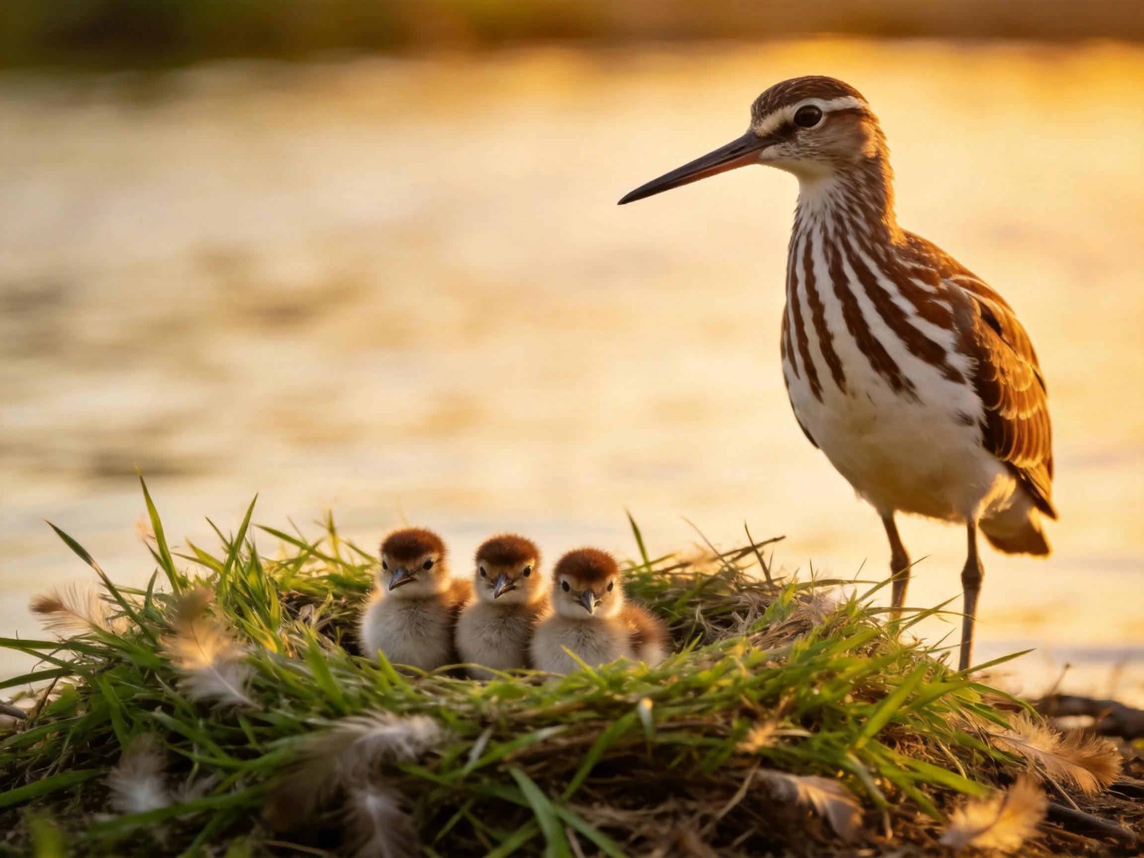 Adult bird stands beside three chicks’ grassy nest by water at sunset