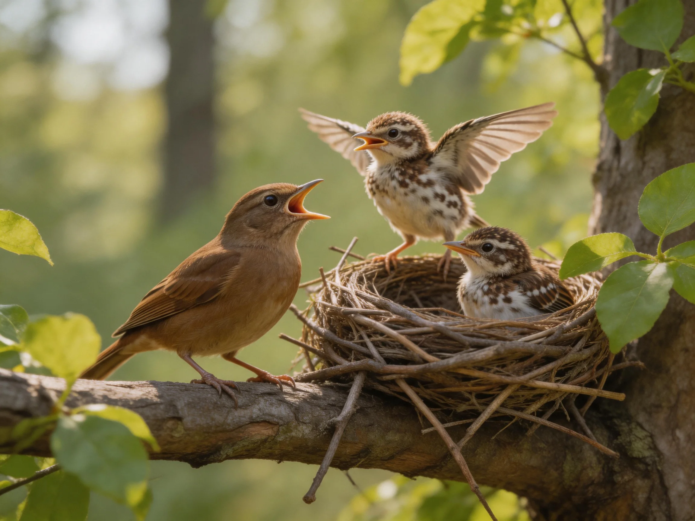 Adult brown bird and two spotted chicks near twig nest on tree branch