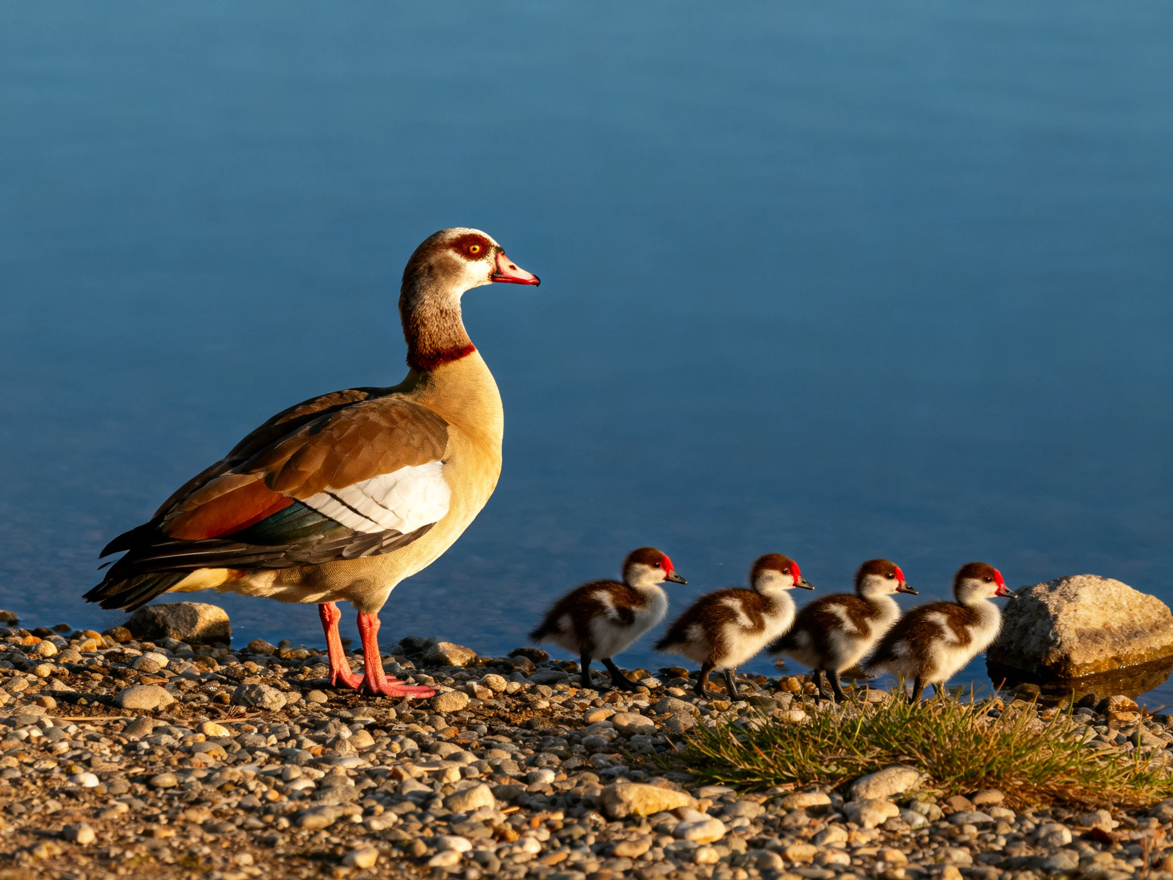 Adult duck with four ducklings on a pebbly shore by calm blue water