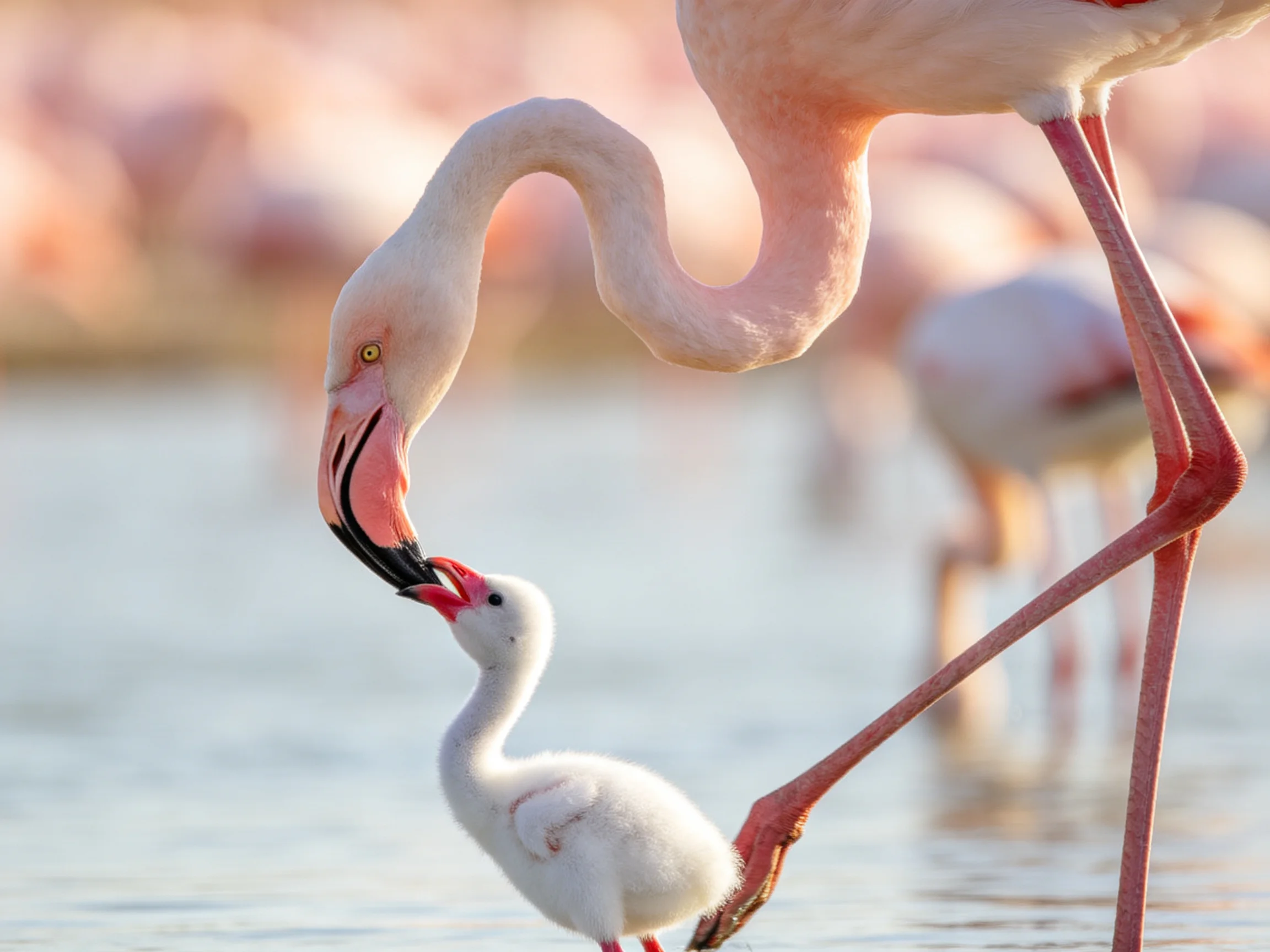 Adult flamingo feeding fluffy chick by calm water with pink-hued flock