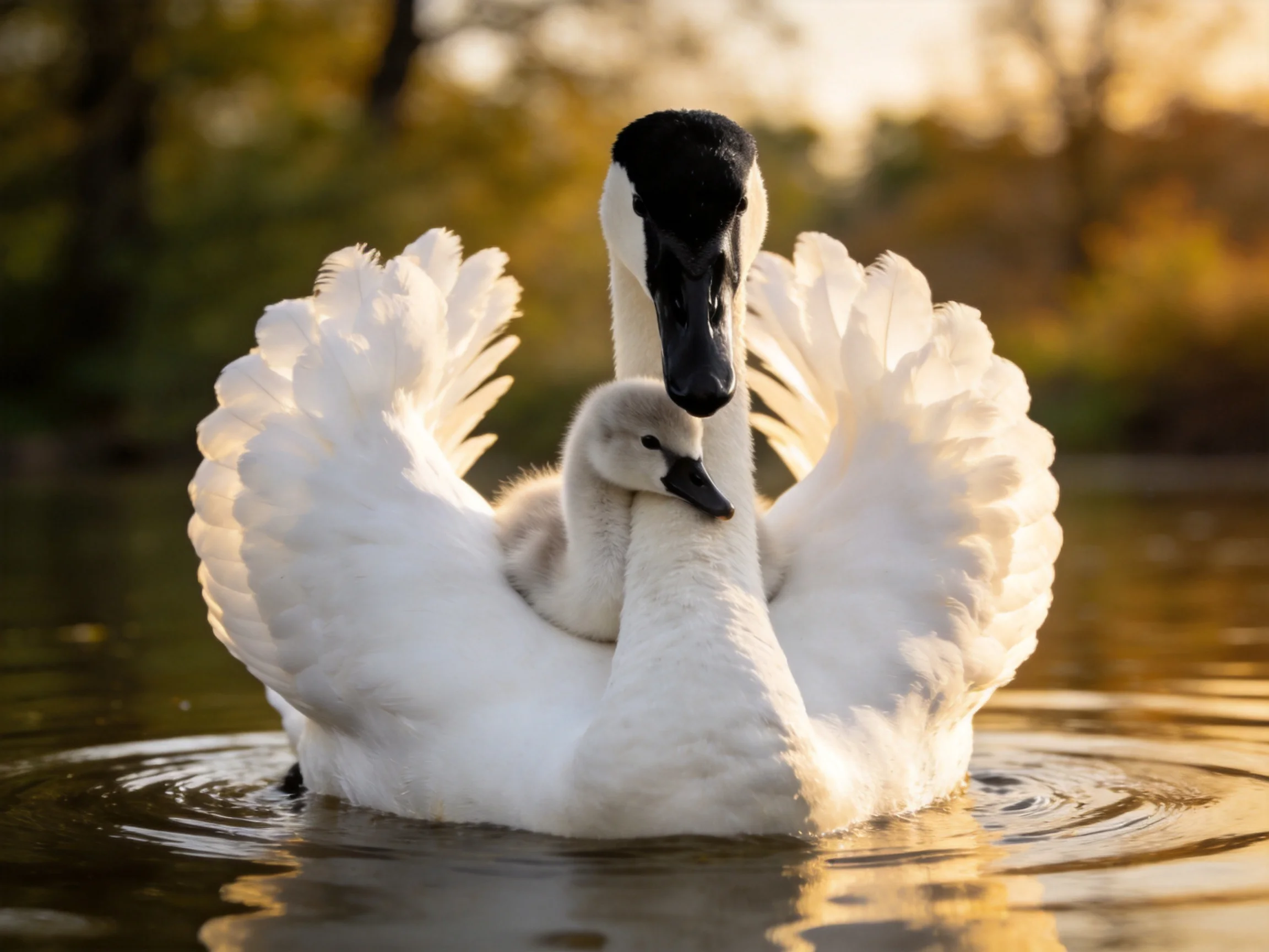 Adult swan embracing cygnet in golden water
