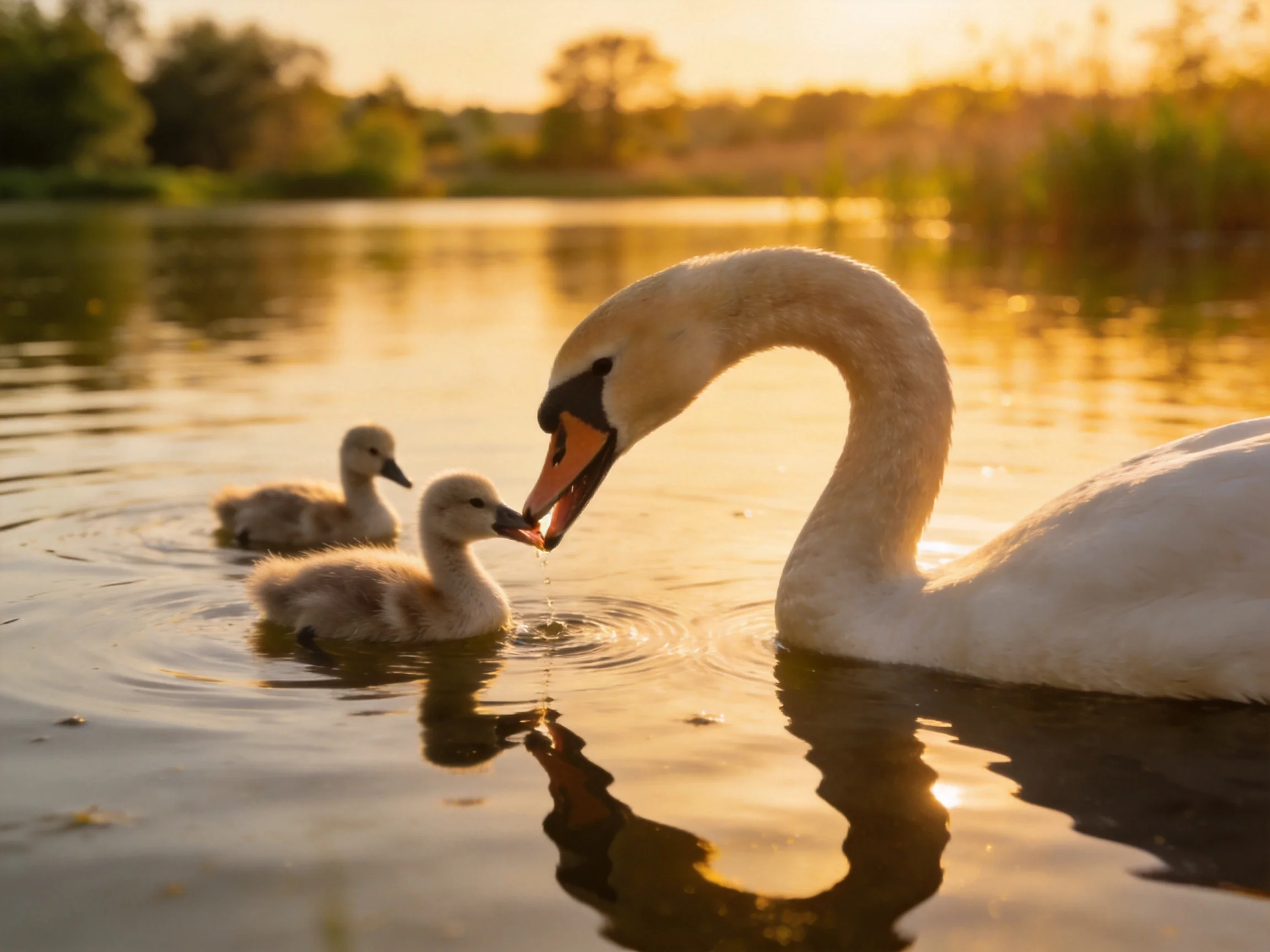 Adult swan nurturing cygnets in golden lake waters