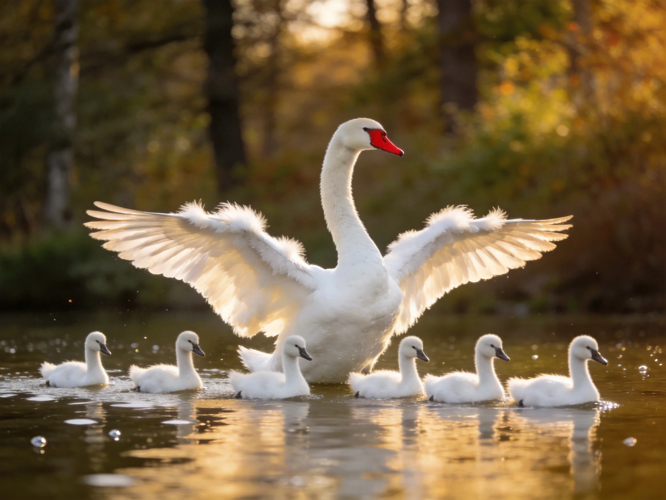 Adult swan spreading wings near six cygnets in golden water