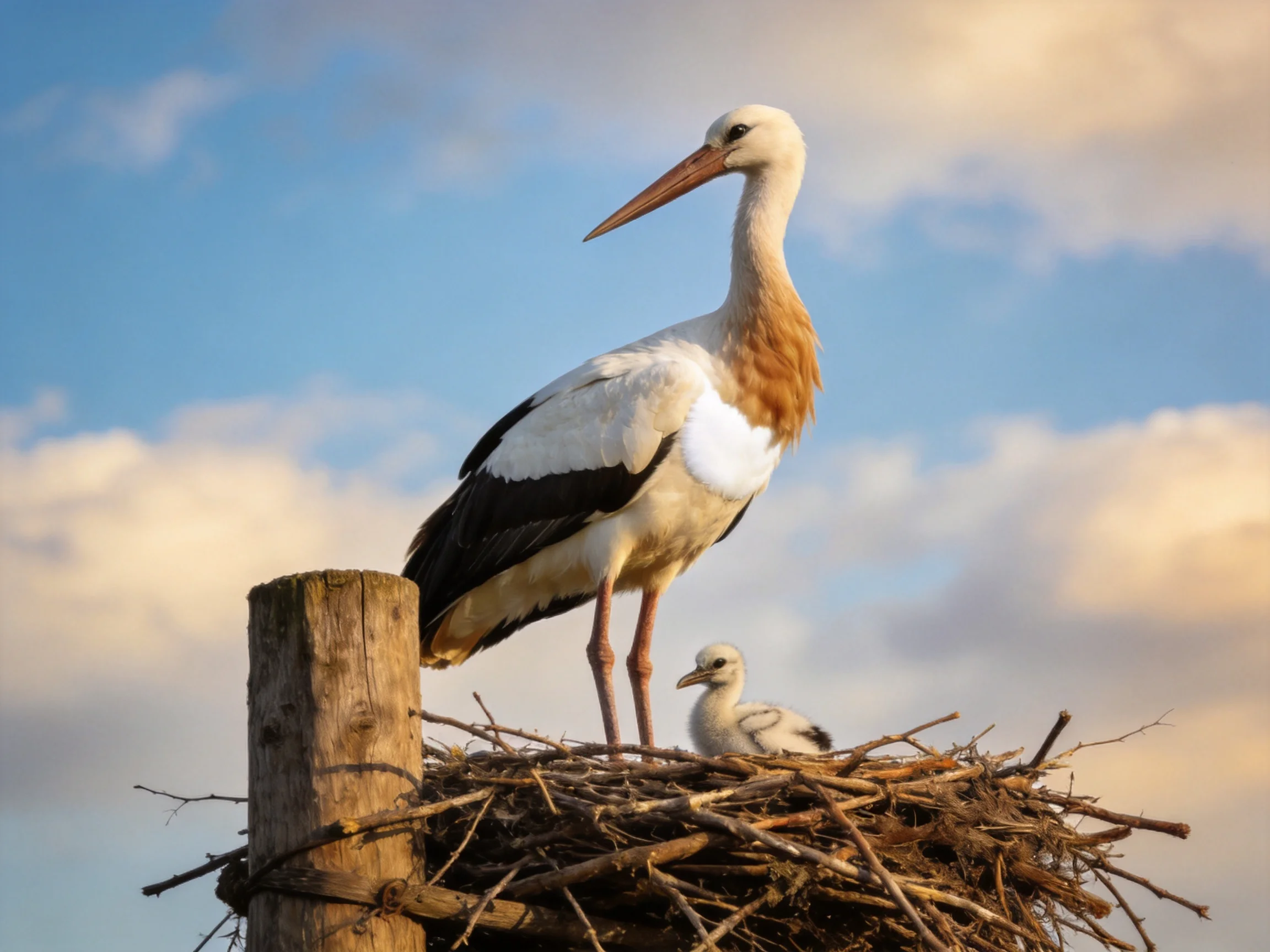 Adult white-brown stork and chick in twig nest atop wooden post