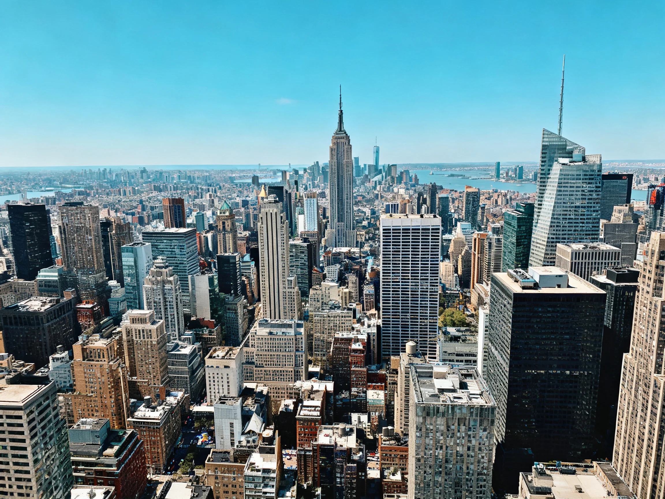 Aerial view of Manhattan skyline with diverse skyscrapers under clear blue sky
