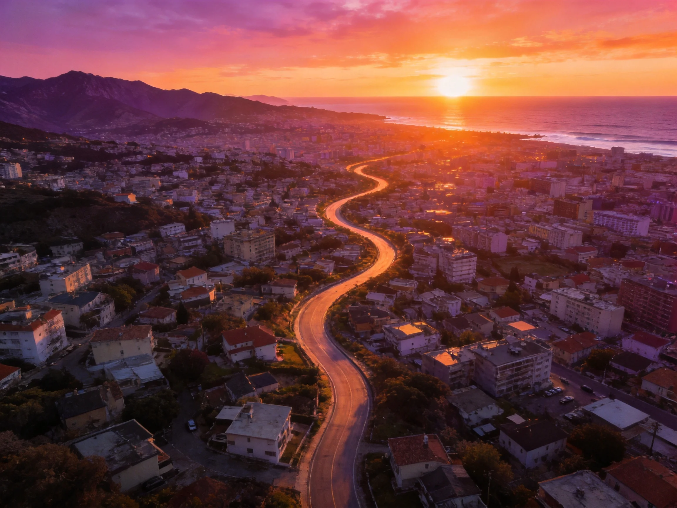 Aerial view of coastal city with winding road at vibrant sunset