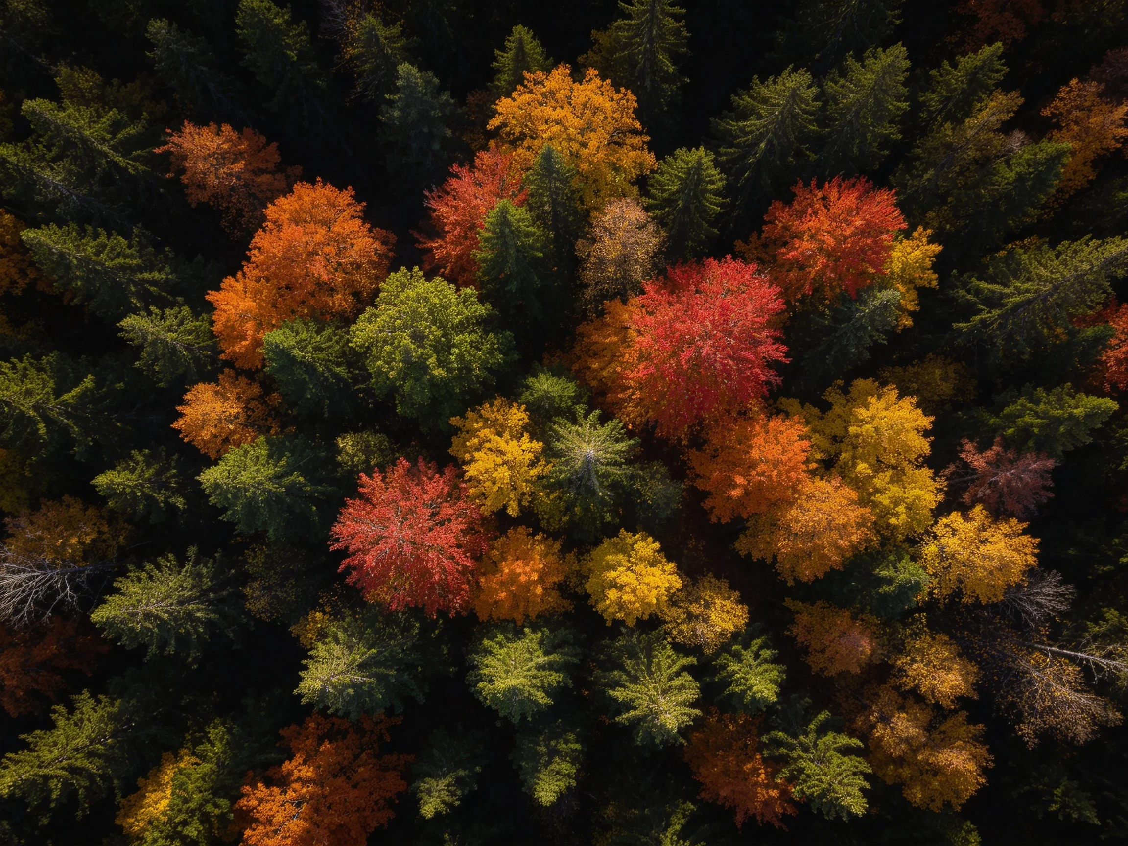 Aerial view of forest with colorful autumn tree canopies