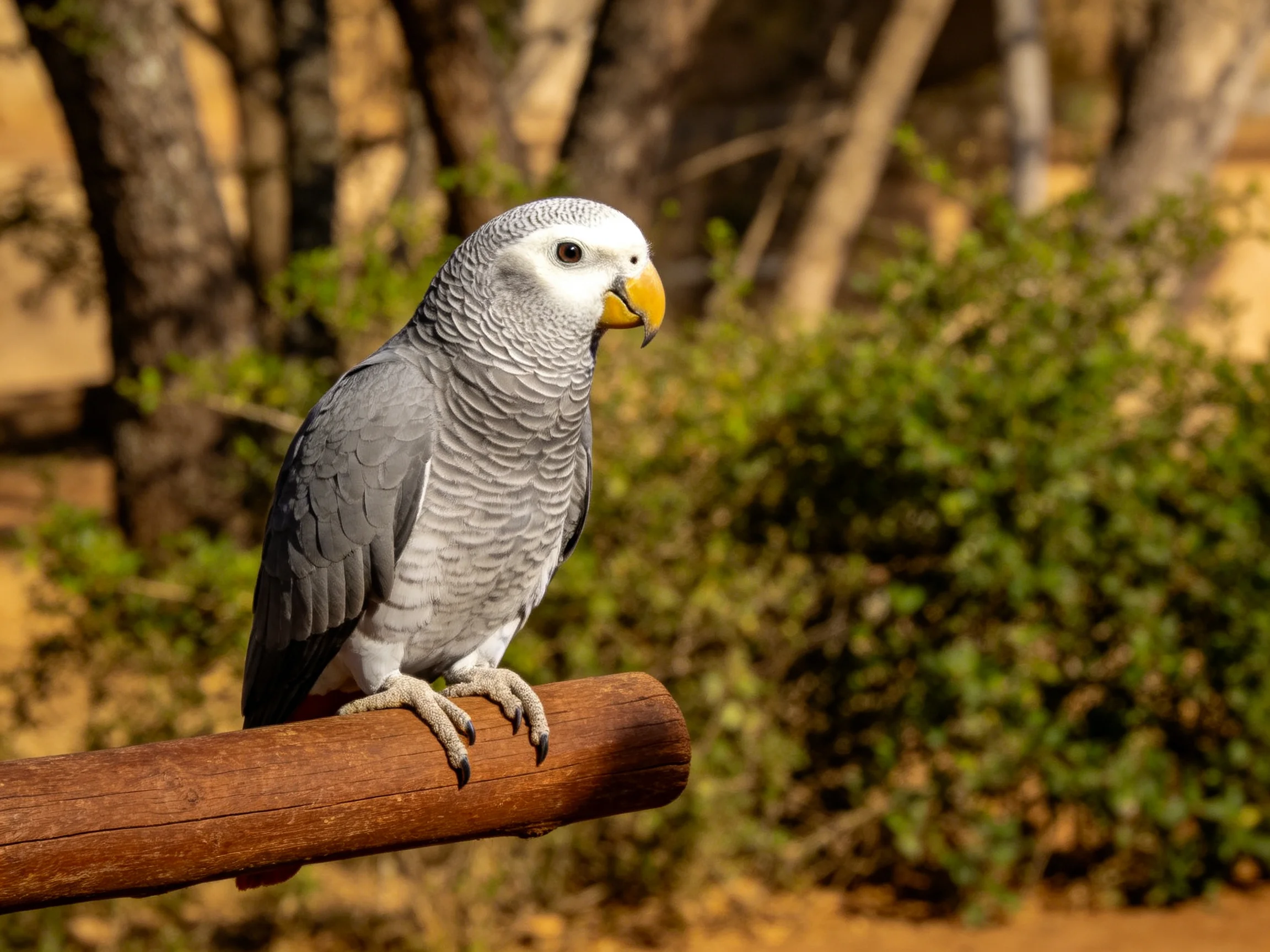 African Grey Parrot with Yellow Beak Perched on Wooden Bar