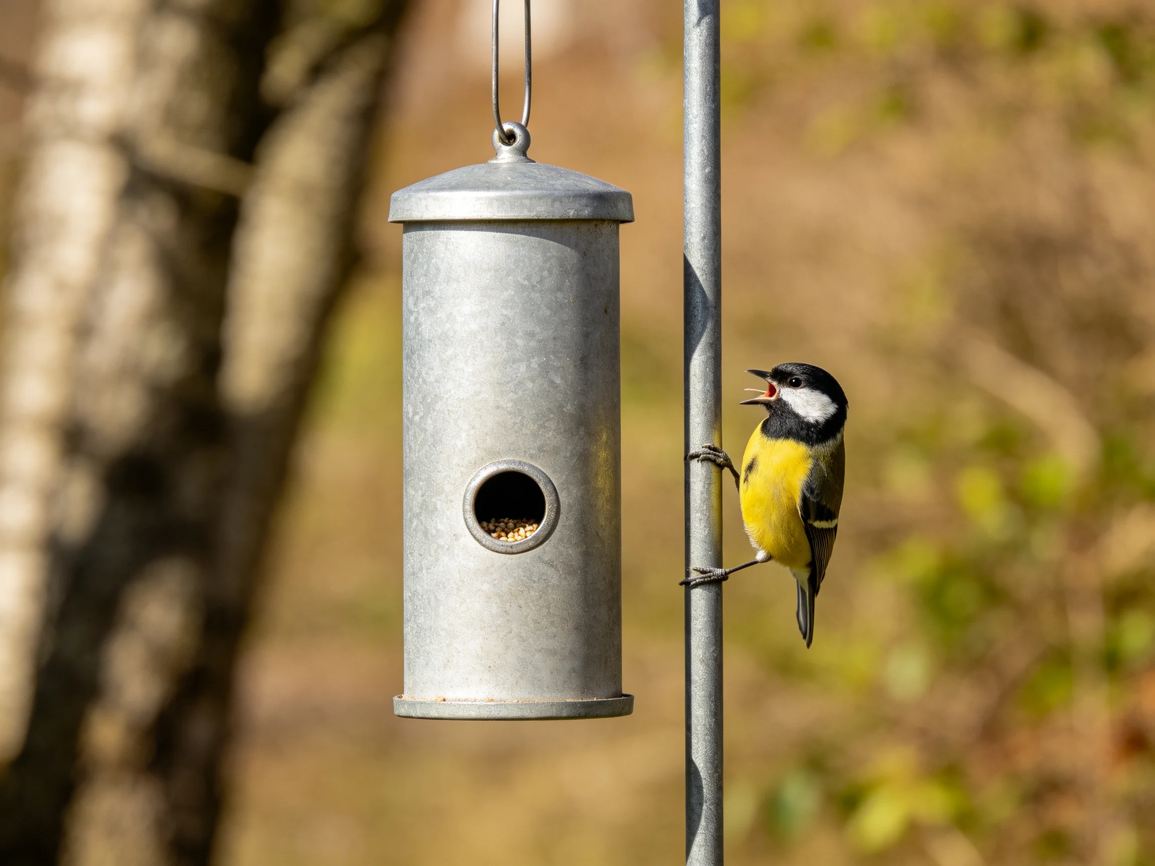 Ametallic bird feeder hangs beside a colorful bird outdoors