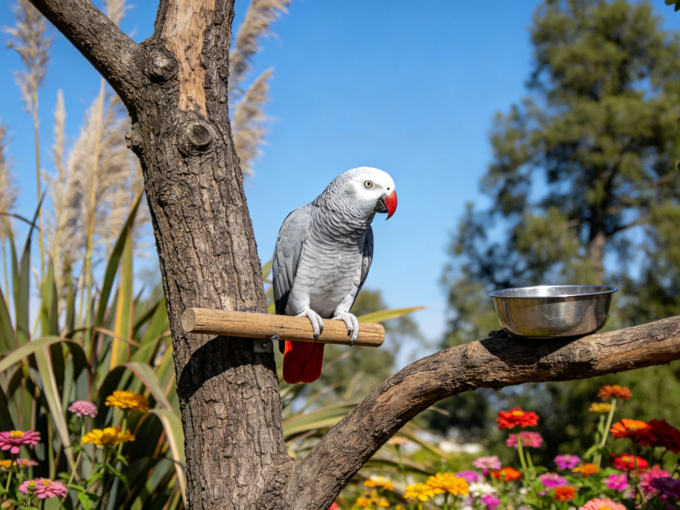 An African Grey parrot perches on a wooden branch near colorful flowers