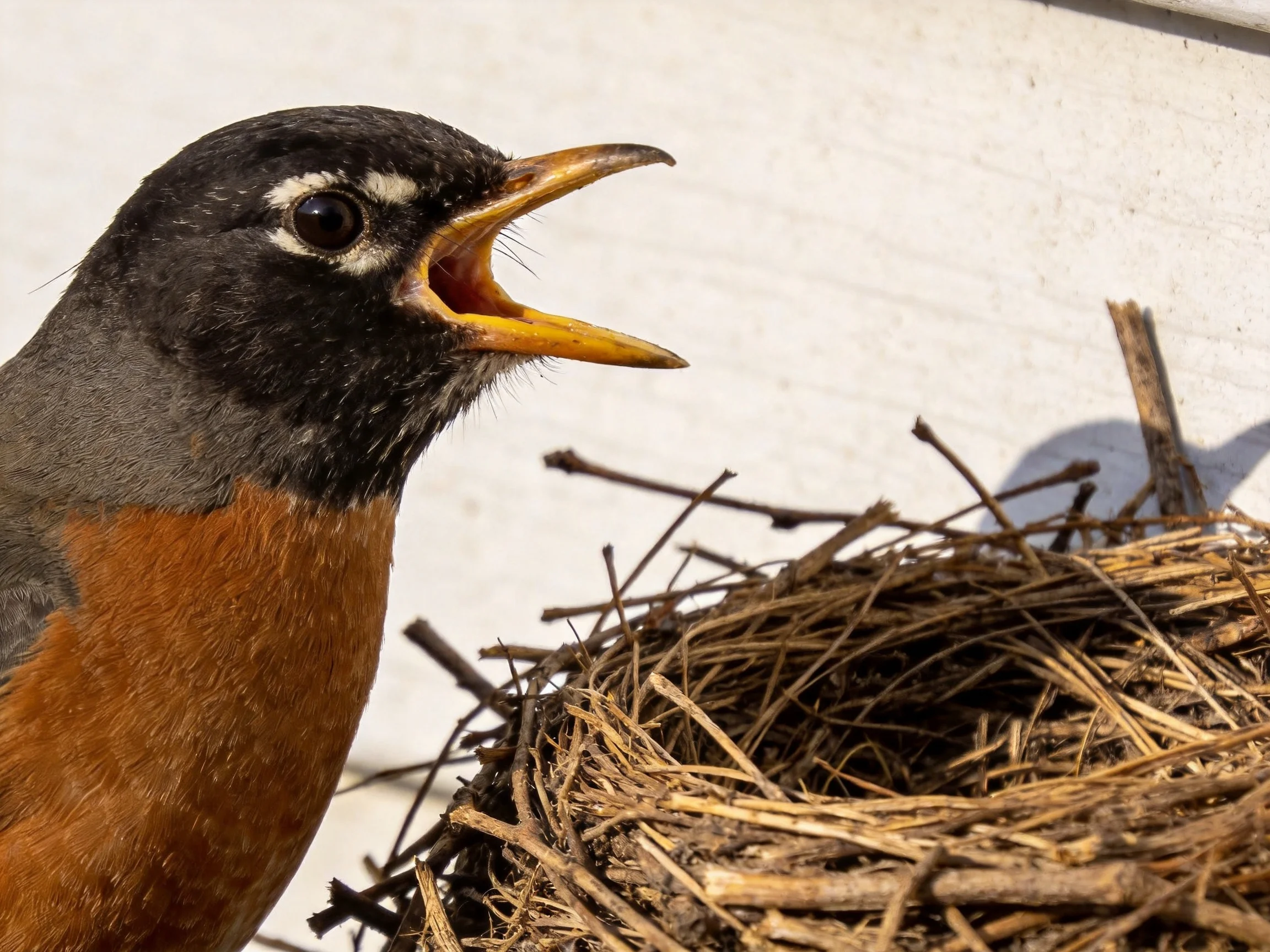 An American Robin with Rust-Colored Breast Near Twig Nest