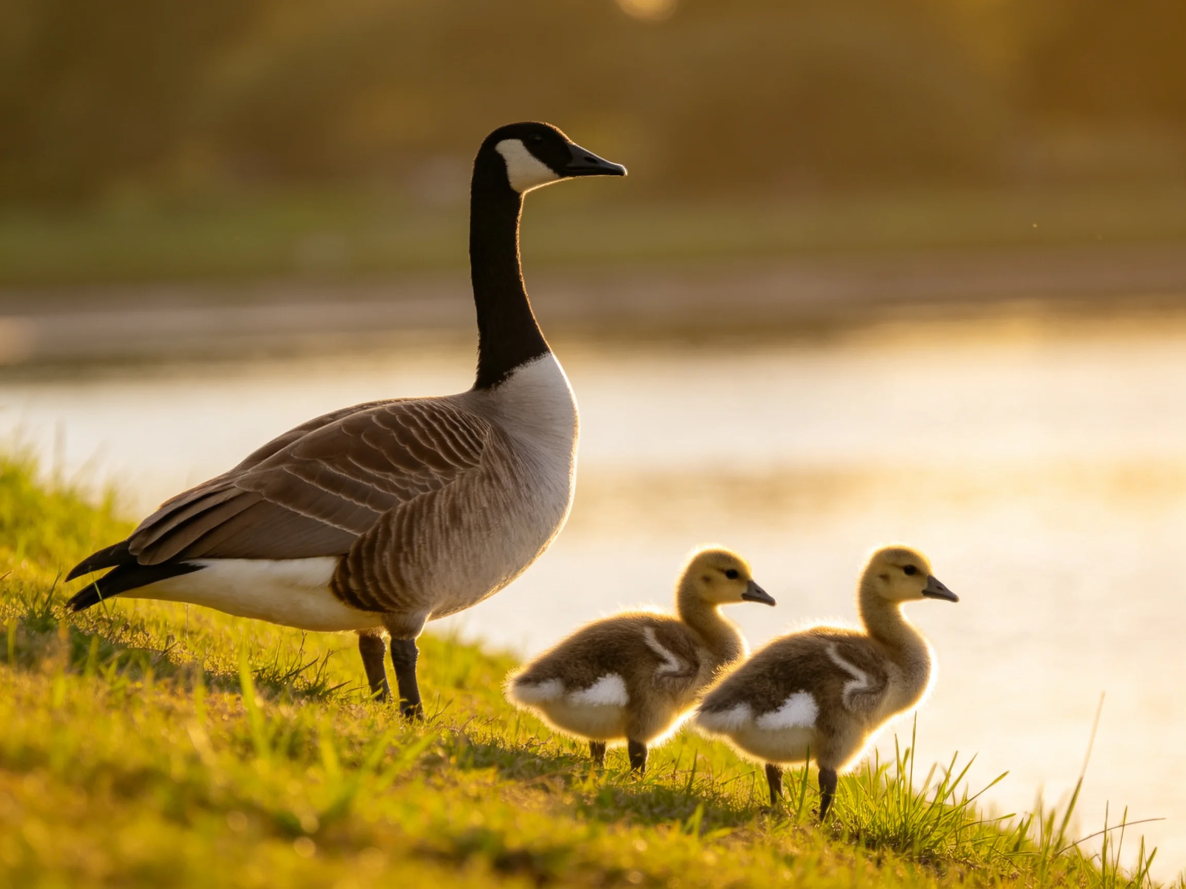 An adult Canada goose with two goslings on a grassy lakeside slope