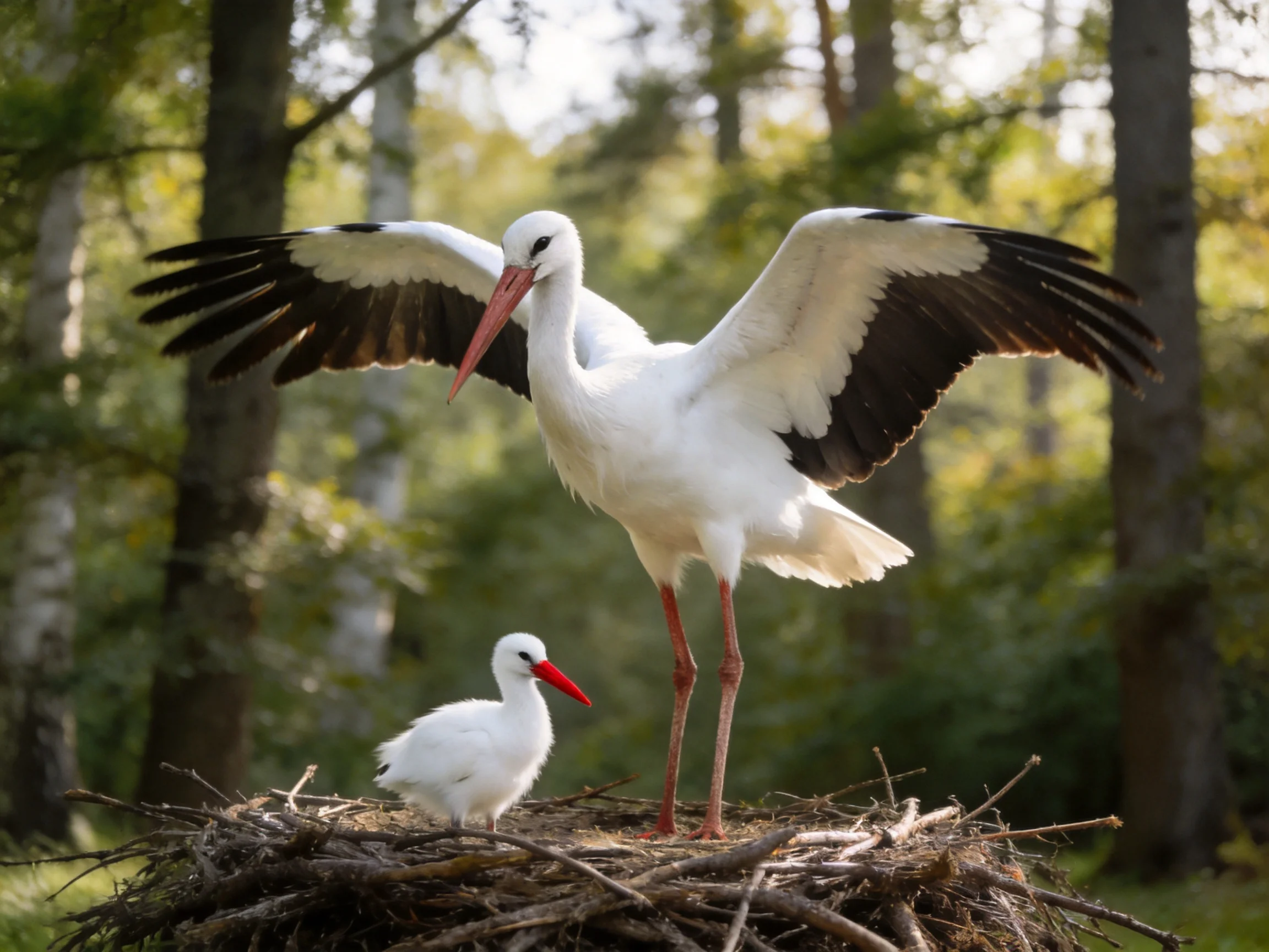 An adult and juvenile white stork on a large twig nest in a forested area
