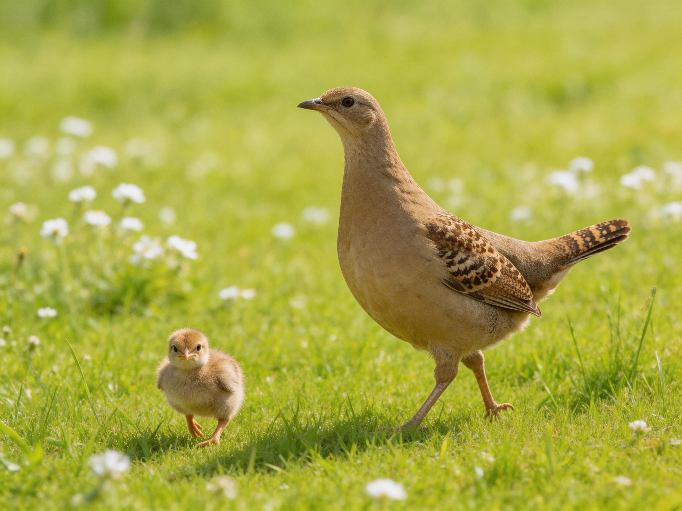 An adult brown bird and fluffy chick walk through a flowered green meadow