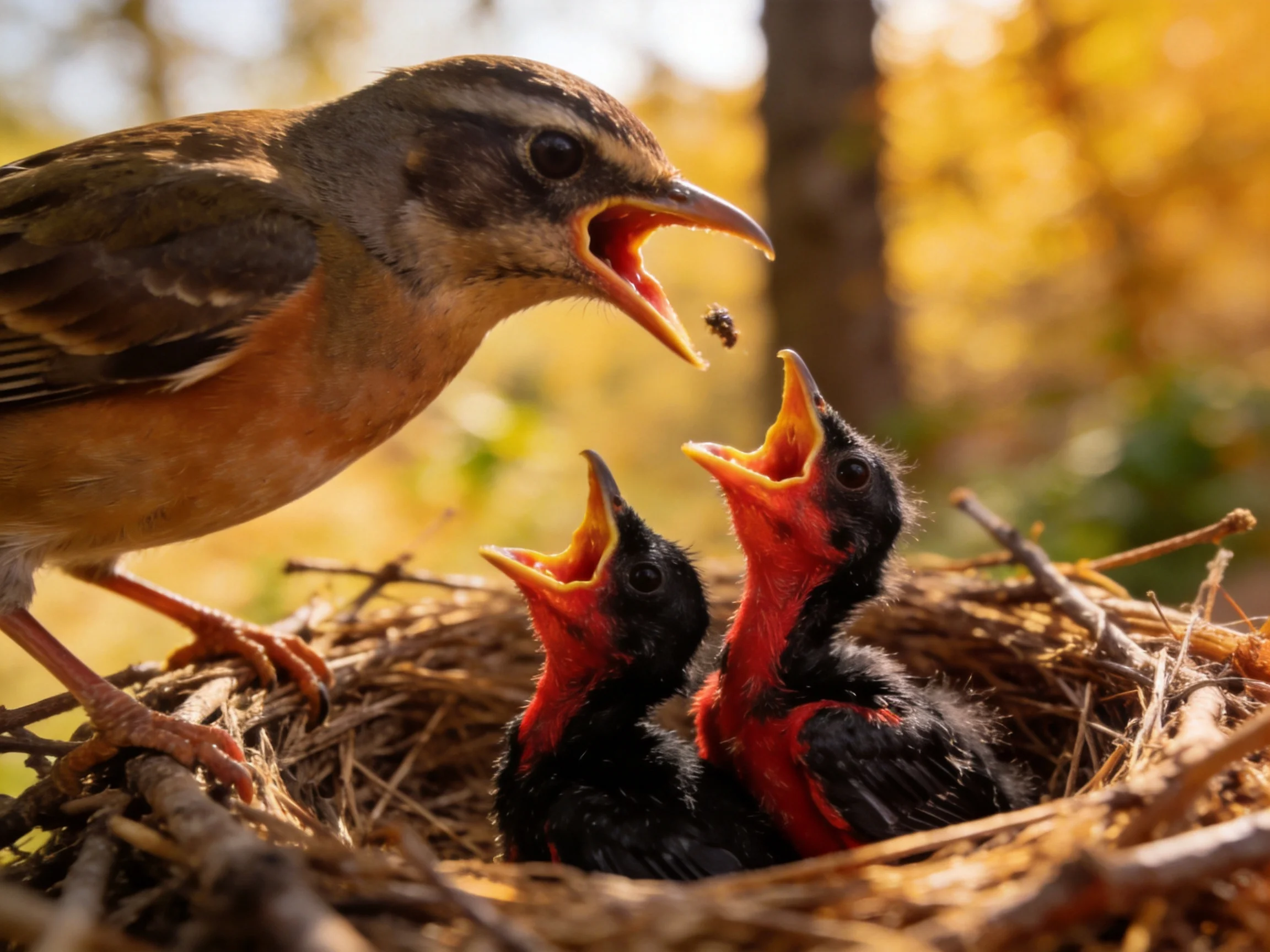 An adult brown bird feeds two black-and-red chicks in a straw nest