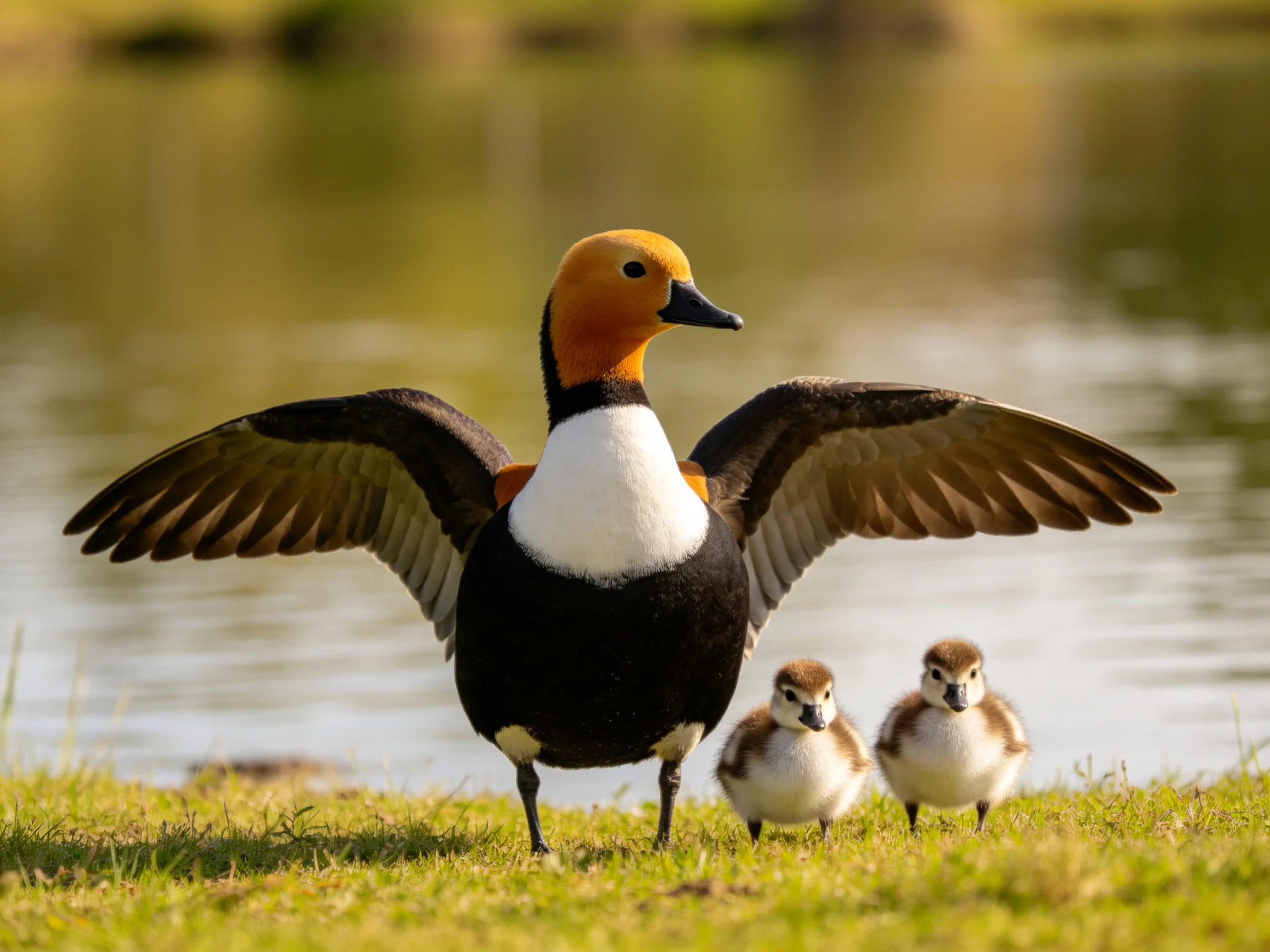 An adult duck spreads wings near two ducklings by calm water